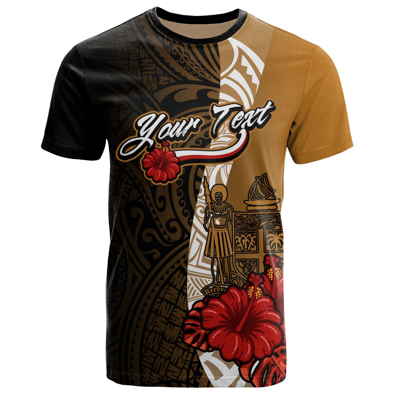 Fiji Polynesian Custom T Shirt Coat of Arms With Hibiscus Gold Unisex Art - Polynesian Pride