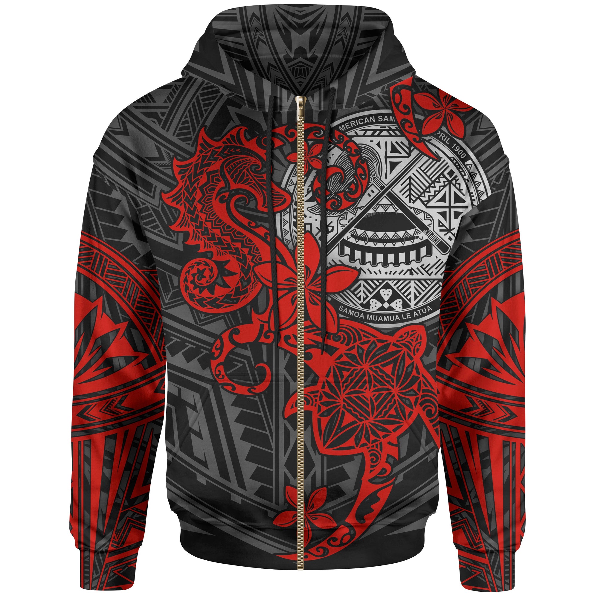 American Samoa Polynesian Zip up Hoodie Red Seahorse Turtle Unisex RED - Polynesian Pride