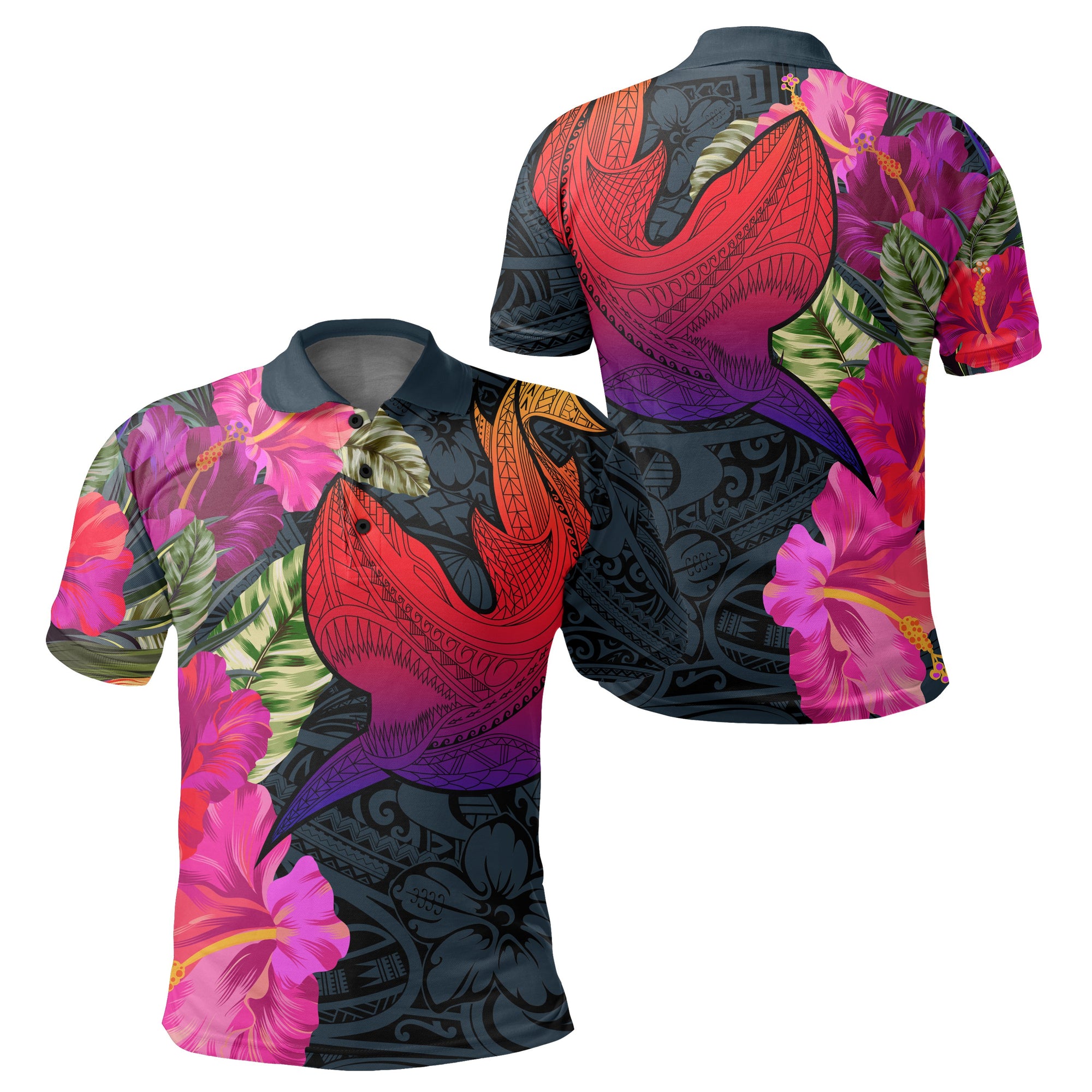 Hawaii Polynesian Hibiscus Shark Polo Shirt Rock Style Unisex Grey - Polynesian Pride