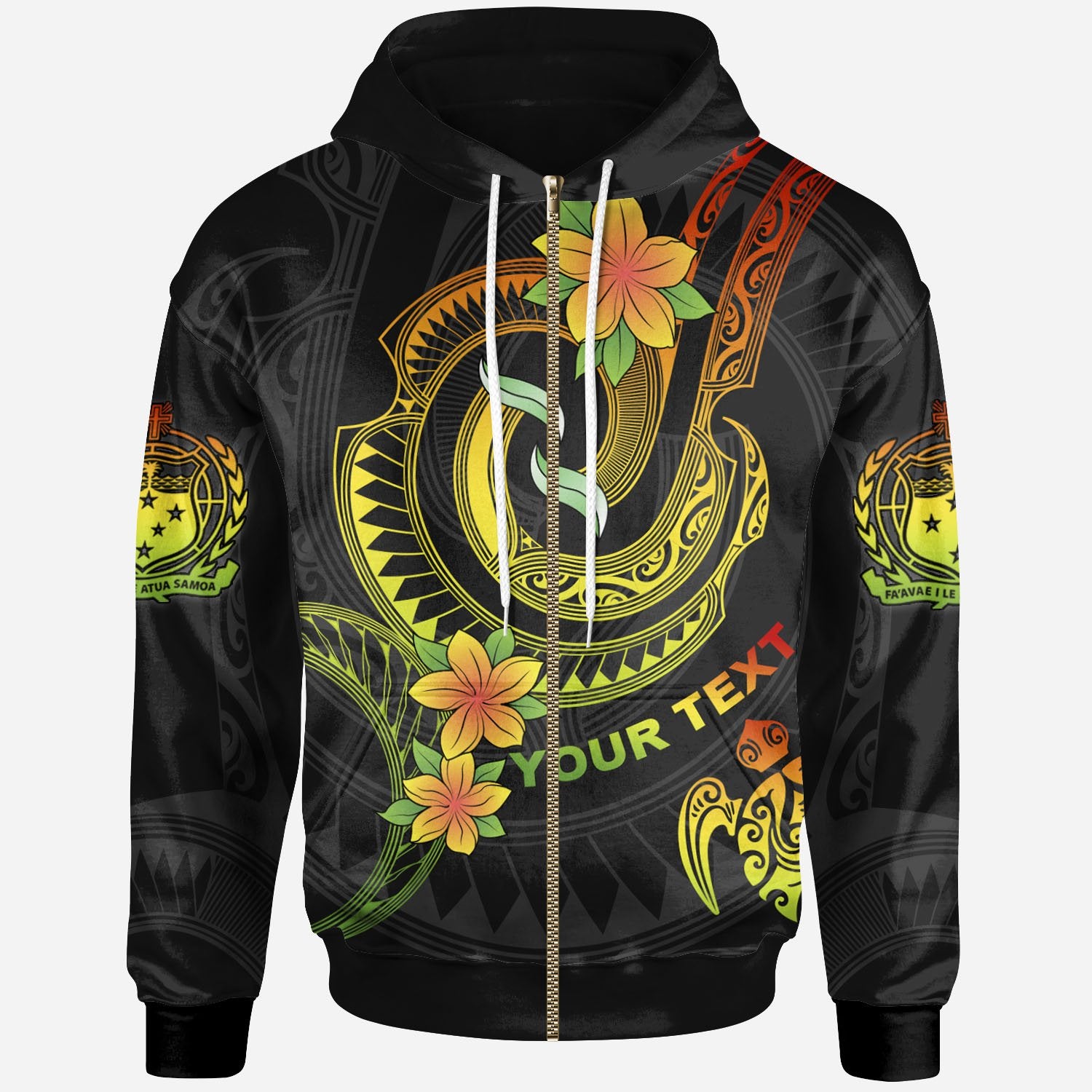 Samoa Custom Zip up Hoodie Reggae Plumeria Flowers with Spiral Patterns Unisex Reggae - Polynesian Pride