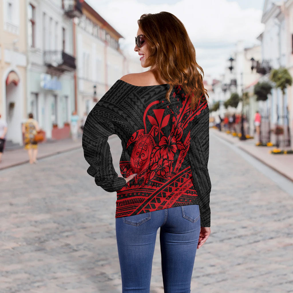 Hawaii Turtle With Hibiscus Tribal Red Women Off Shoulder Sweater - LT12 - Polynesian Pride