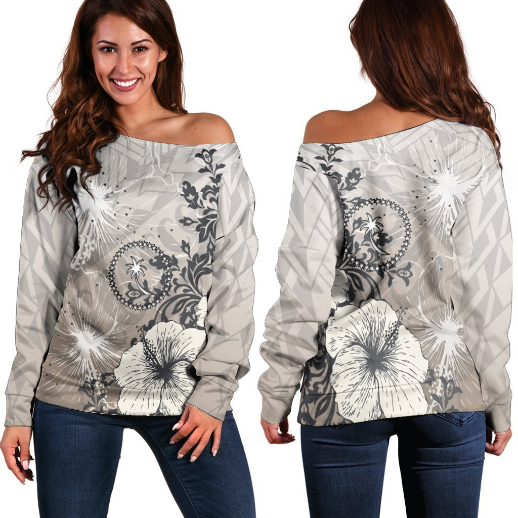 Chuuk State Women's Off Shoulder Sweaters - Vintage Luxury Floral Style Nude - Polynesian Pride