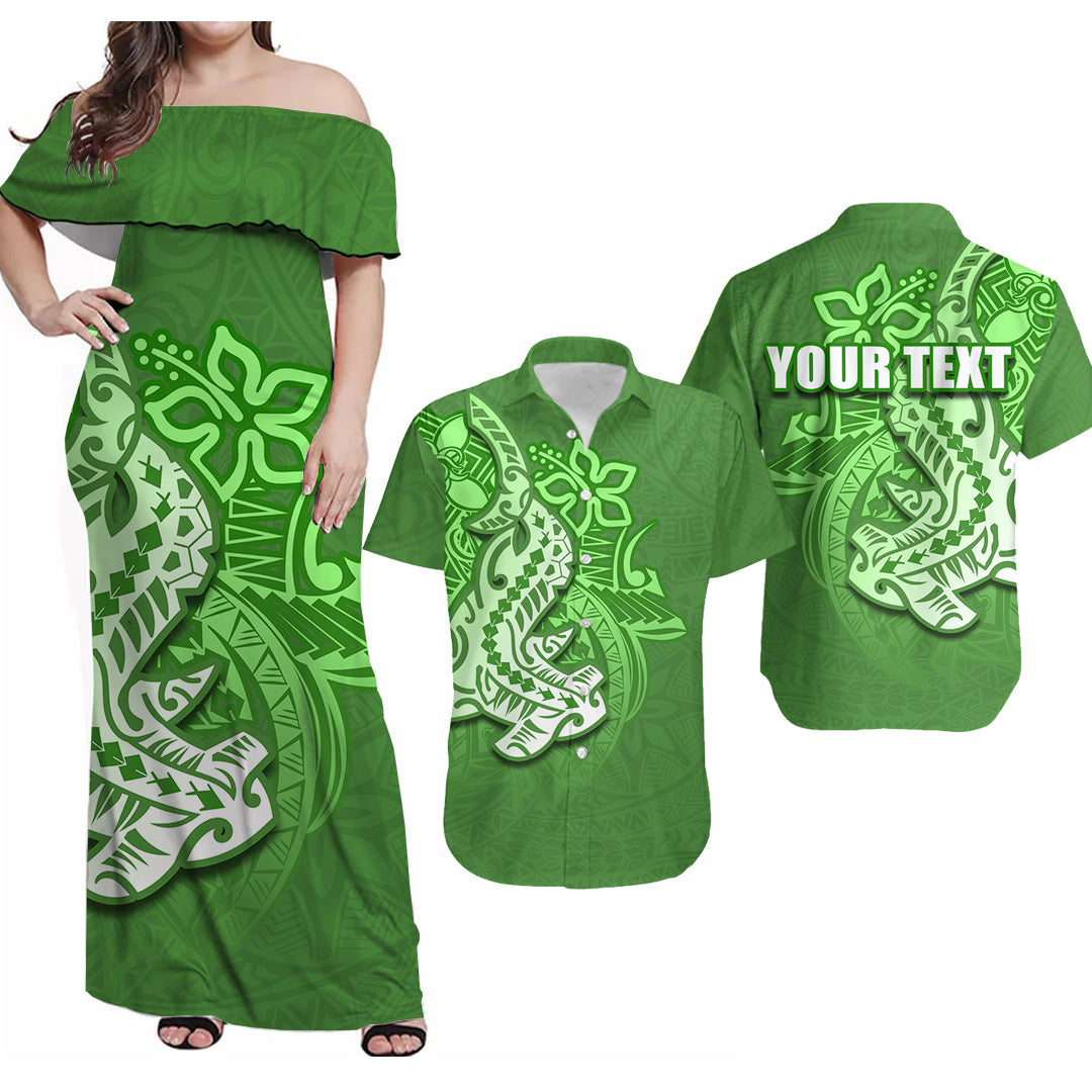 Custom Polynesian Matching Dress And Shirt with Tribal Hammerhead Shark Green LT6 Art - Polynesian Pride