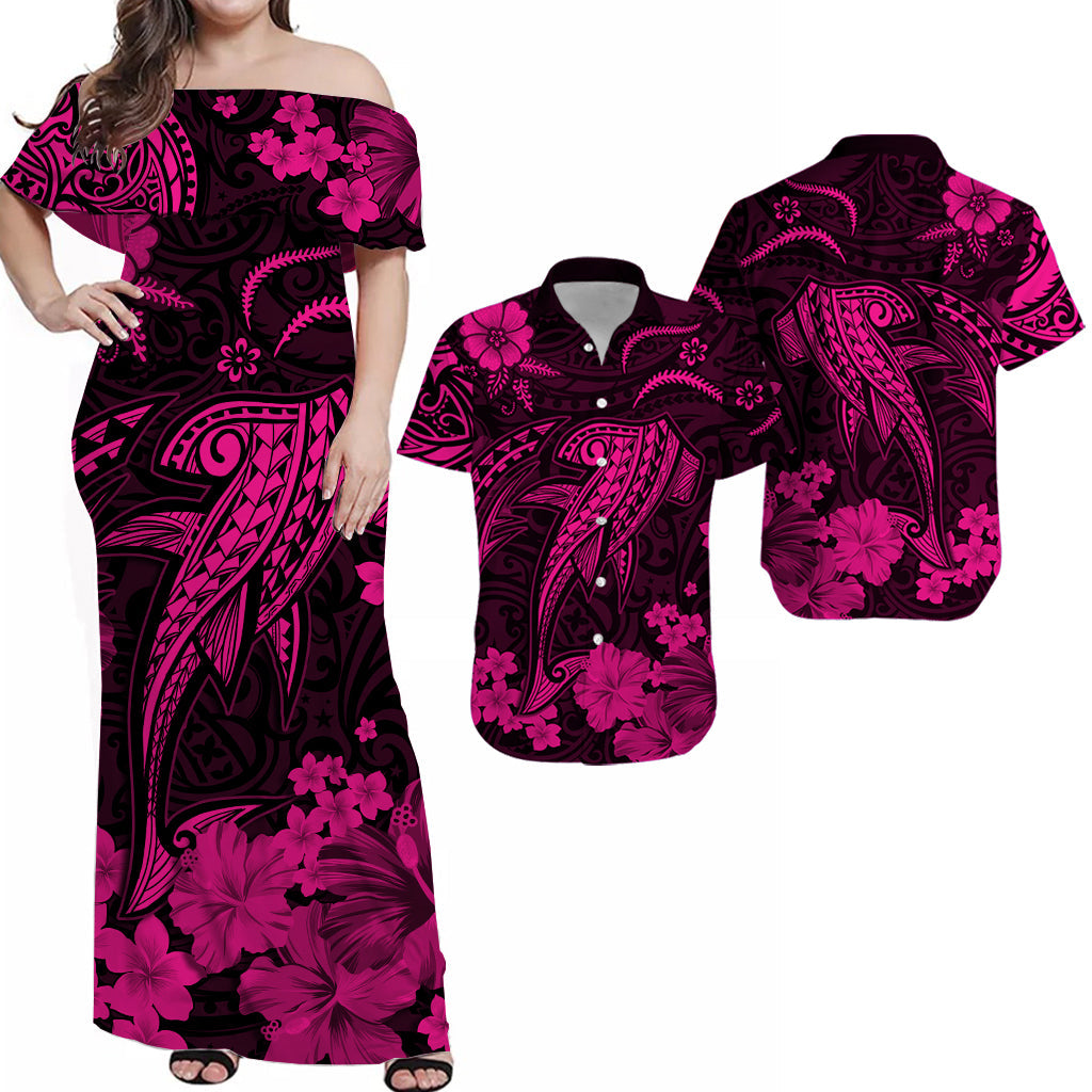 Polynesian Couple Outfits Hawaii Matching Dress and Hawaiian Shirt Polynesia Pink Shark LT13 Pink - Polynesian Pride