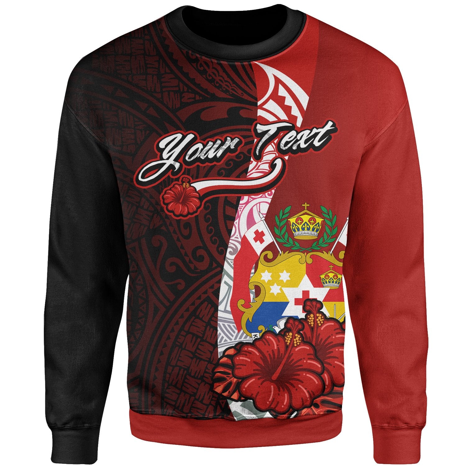 Tonga Islands Polynesian Custom Personalised Sweater - Coat Of Arm With Hibiscus Unisex Red - Polynesian Pride