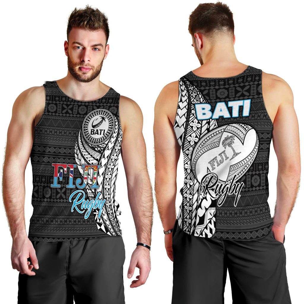 Fiji Rugby Bati Tapa Pattern Men Tank Top - LT2 BLACK - Polynesian Pride