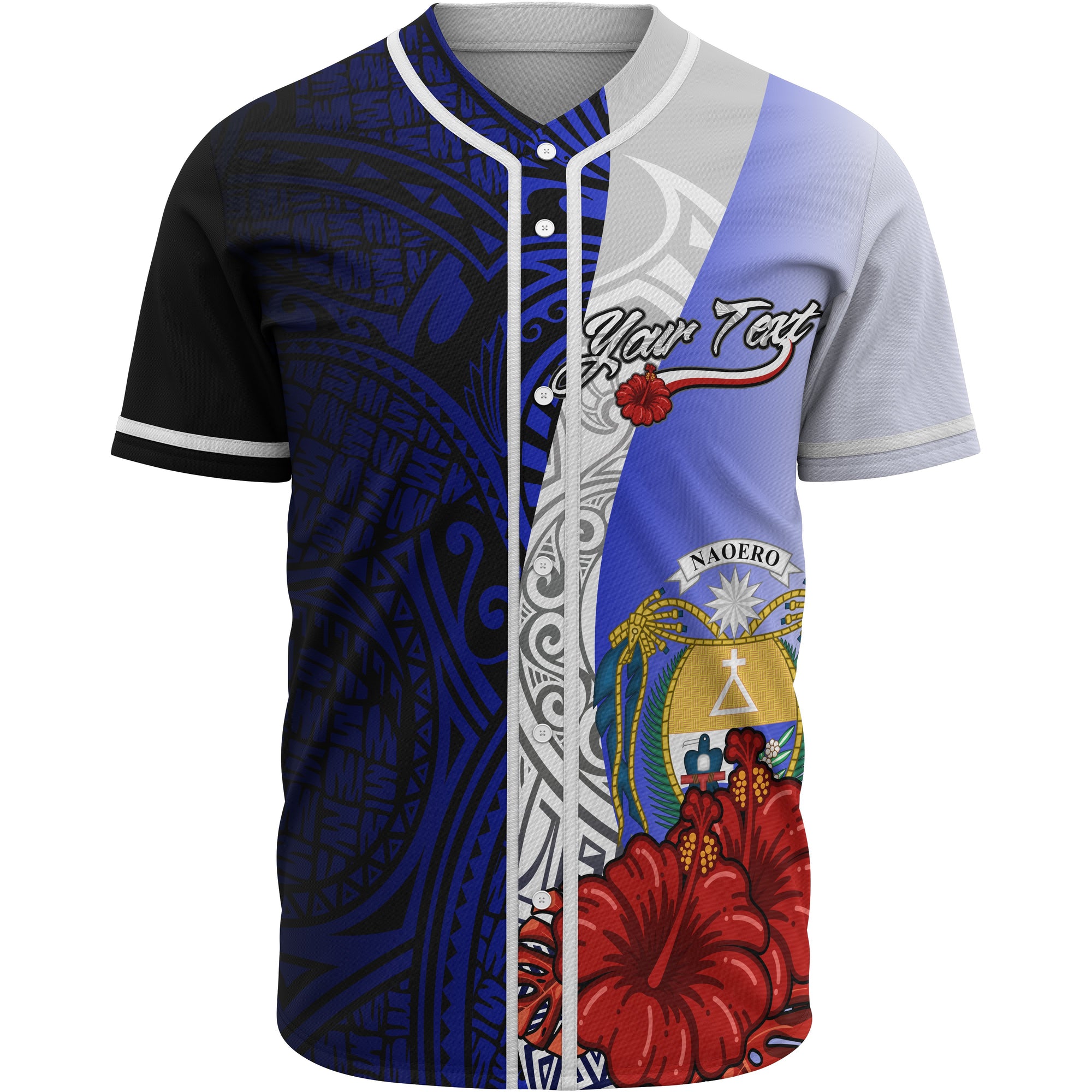 Nauru Polynesian Custom Personalised Baseball Shirt - Coat Of Arm With Hibiscus Blue Unisex Blue - Polynesian Pride