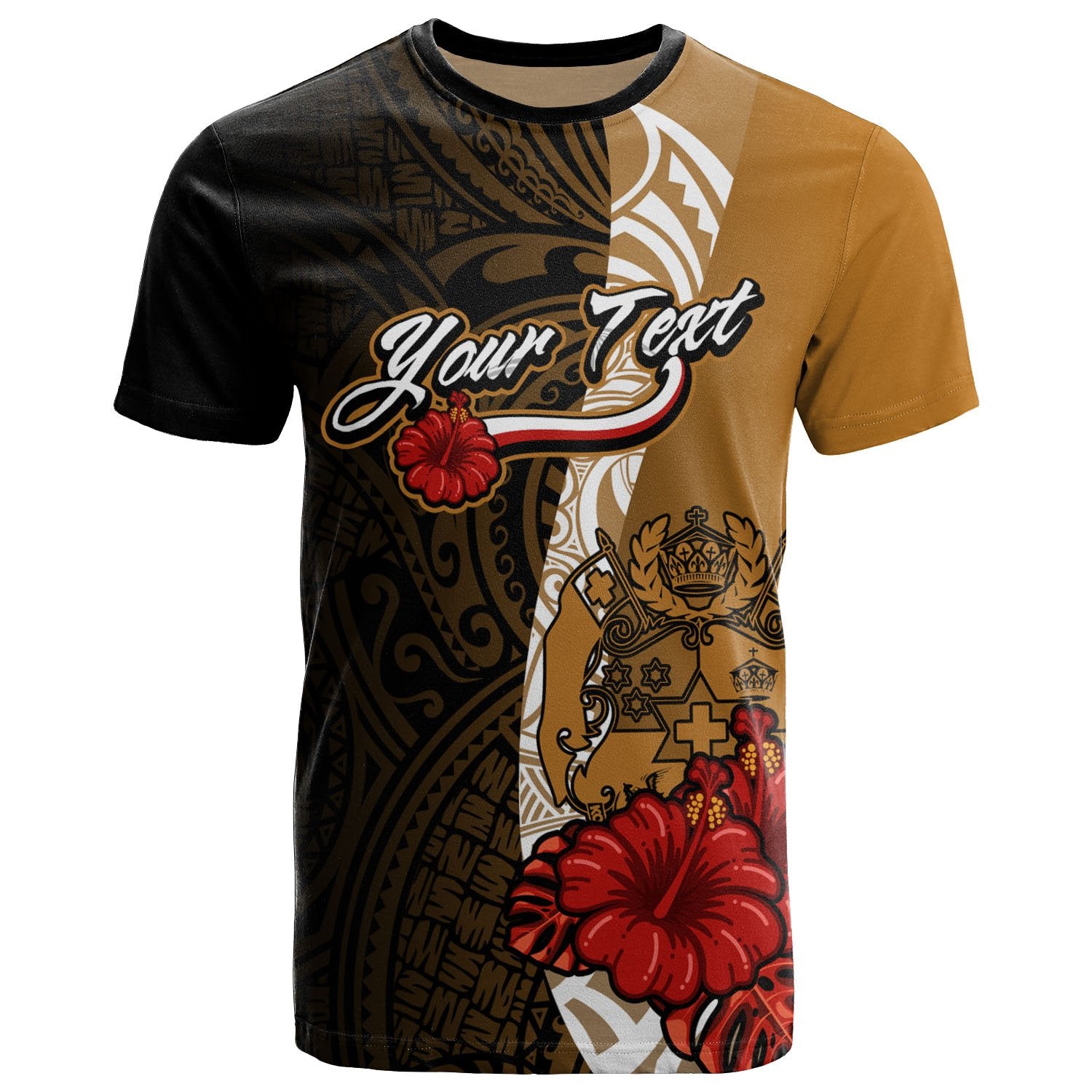 Tonga Polynesian Custom T Shirt Coat of Arms With Hibiscus Gold Unisex Art - Polynesian Pride