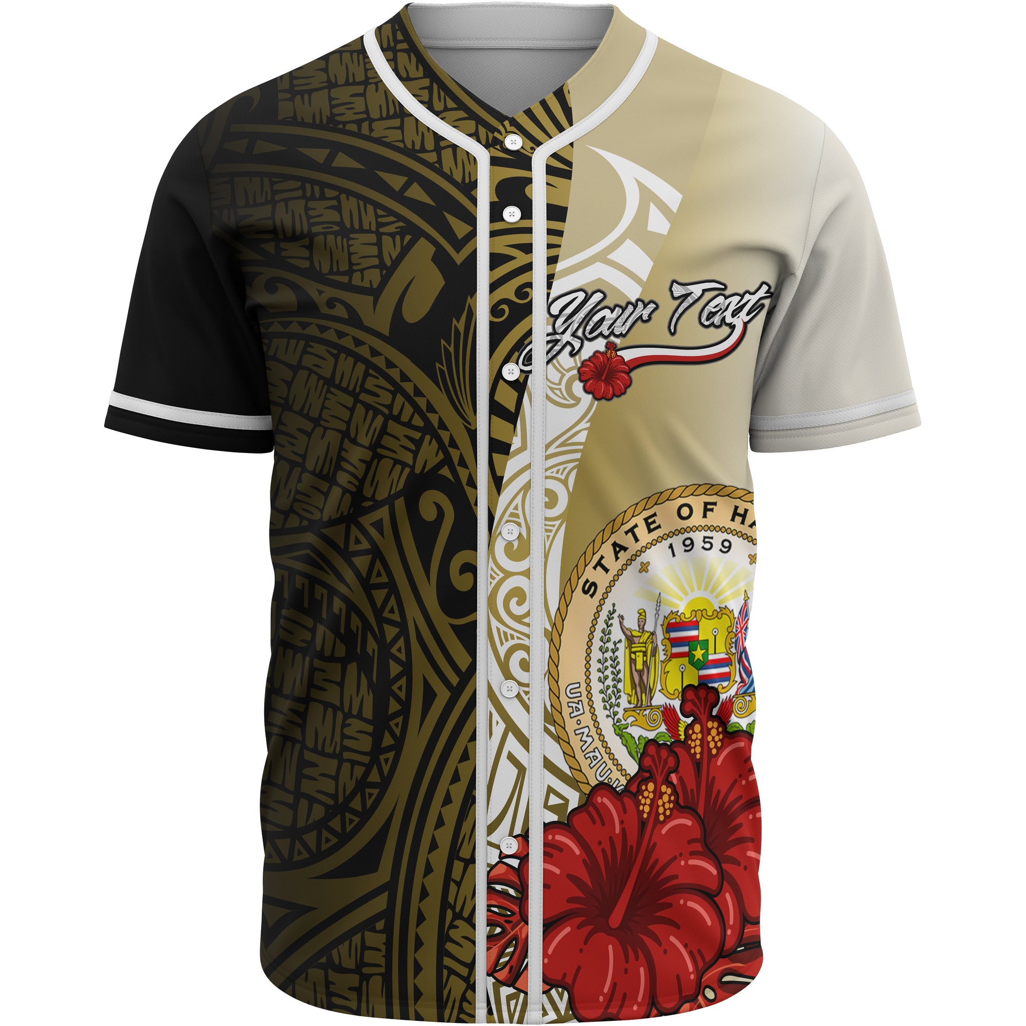 Hawaii Polynesian Custom Personalised Baseball Shirt - Coat Of Arm With Hibiscus Gold Unisex Gold - Polynesian Pride