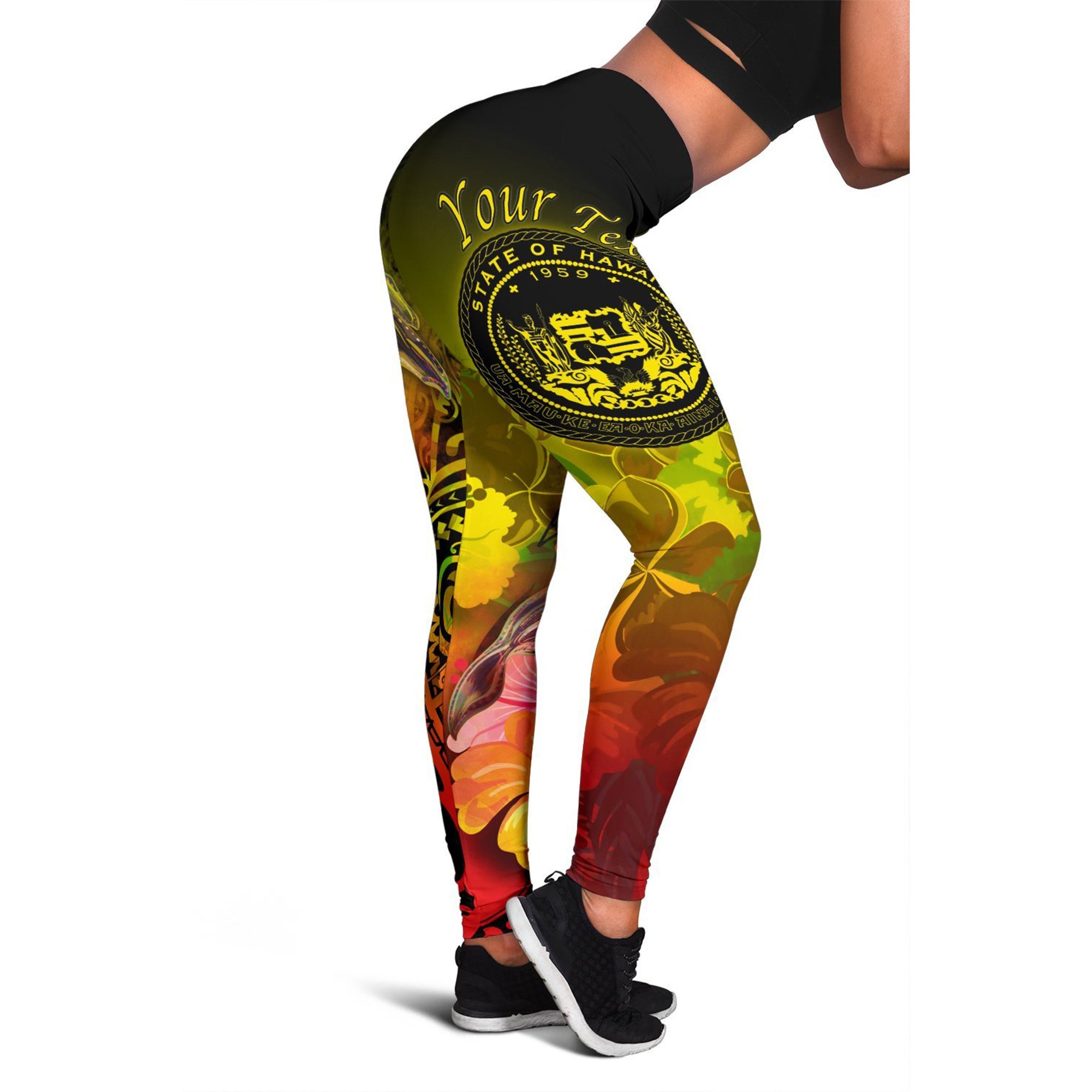 Polynesian Hawaii Custom Personalised Women's Leggings - Humpback Whale with Tropical Flowers (Yellow) Yellow - Polynesian Pride