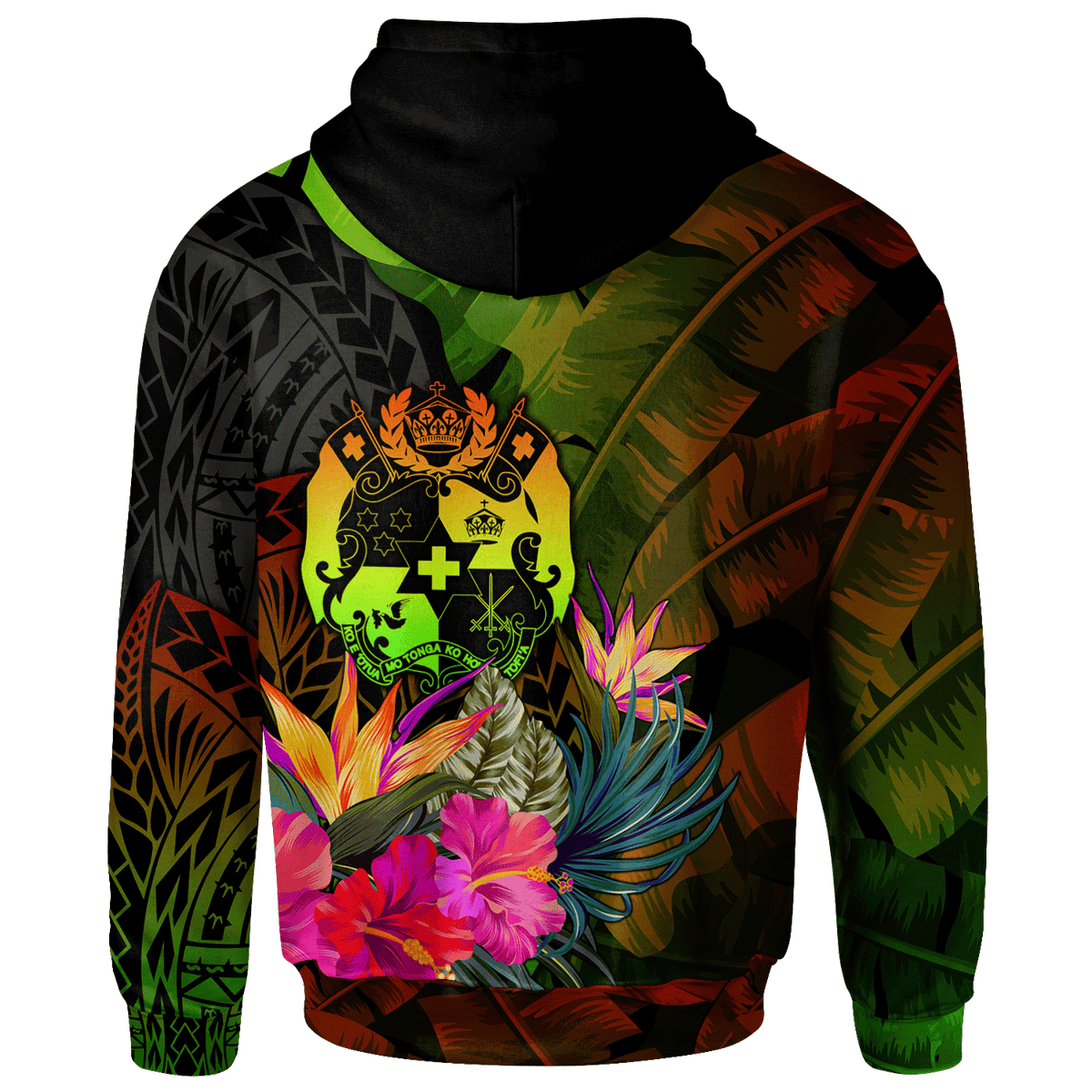 Tonga Polynesian Custom Hoodie Hibiscus and Banana Leaves - Polynesian Pride