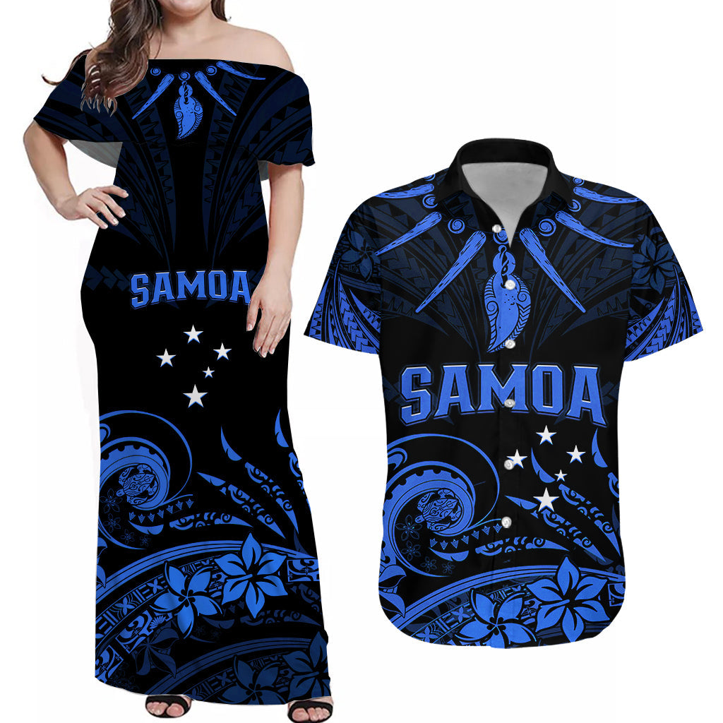 Custom Polynesian Couple Outfits Samoa Tatau Matching Dress and Hawaiian Shirt Blue Polynesian Ula Nifo LT13 Blue - Polynesian Pride