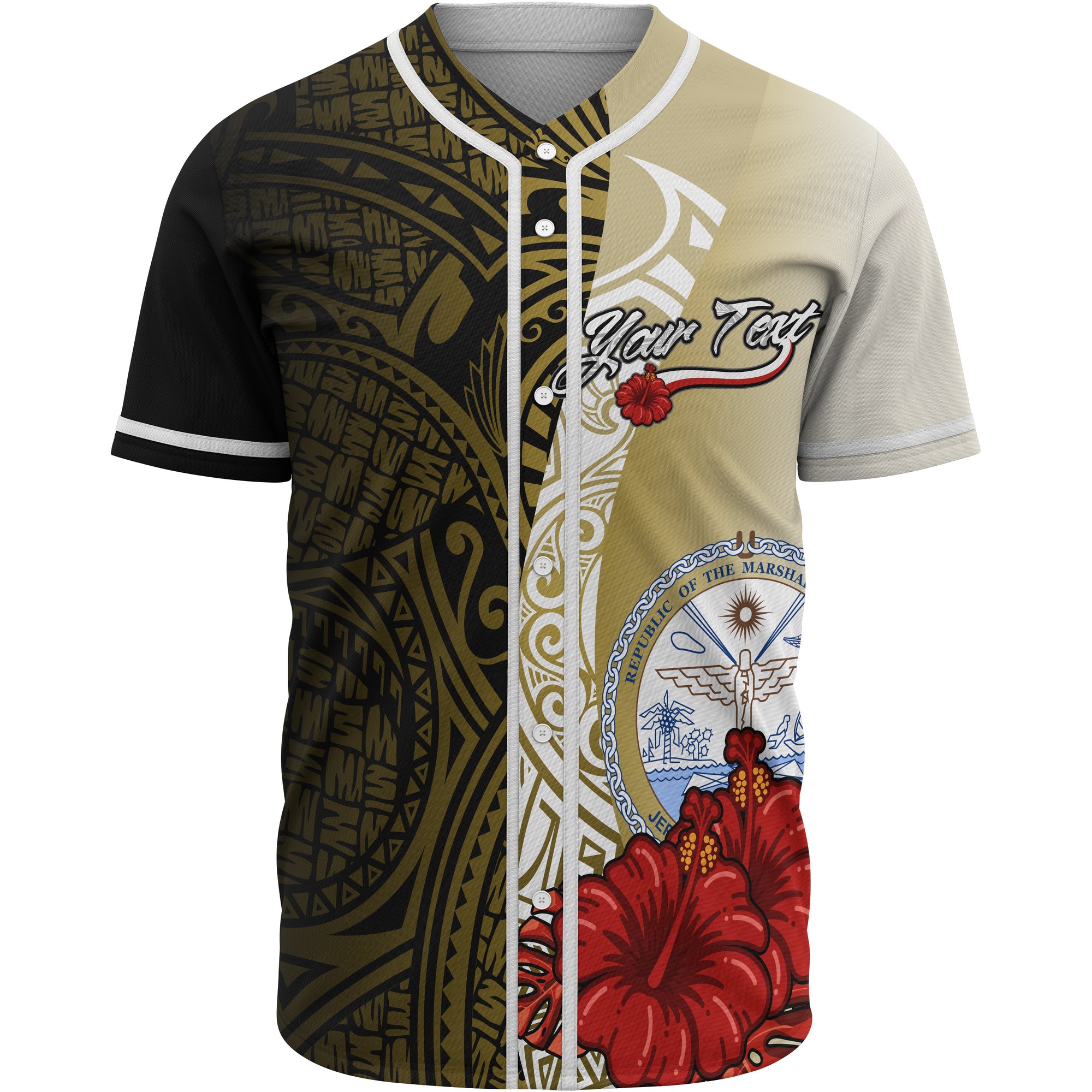 Marshall Islands Polynesian Custom Personalised Baseball Shirt - Coat Of Arm With Hibiscus Gold Unisex Gold - Polynesian Pride