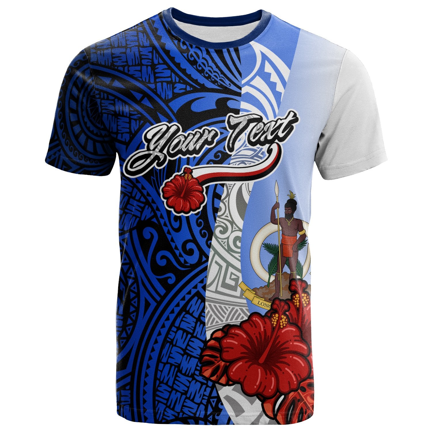 Vanuatu Polynesian Custom T Shirt Coat of Arm With Hibiscus Blue Unisex Blue - Polynesian Pride