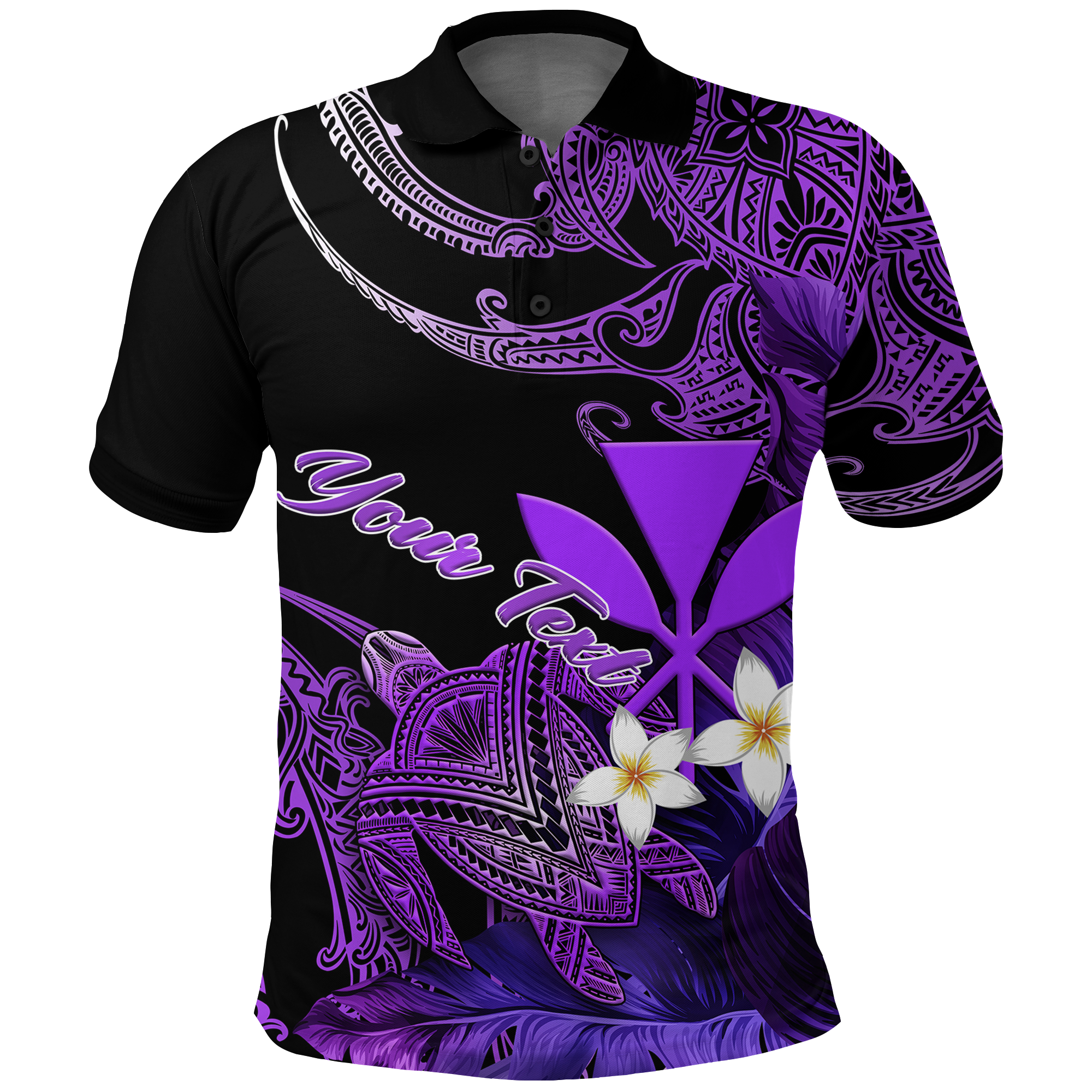 Custom Hawaii Turtle With Plumeria Leaf Purple Polo Shirt LT12 Unisex Black - Polynesian Pride