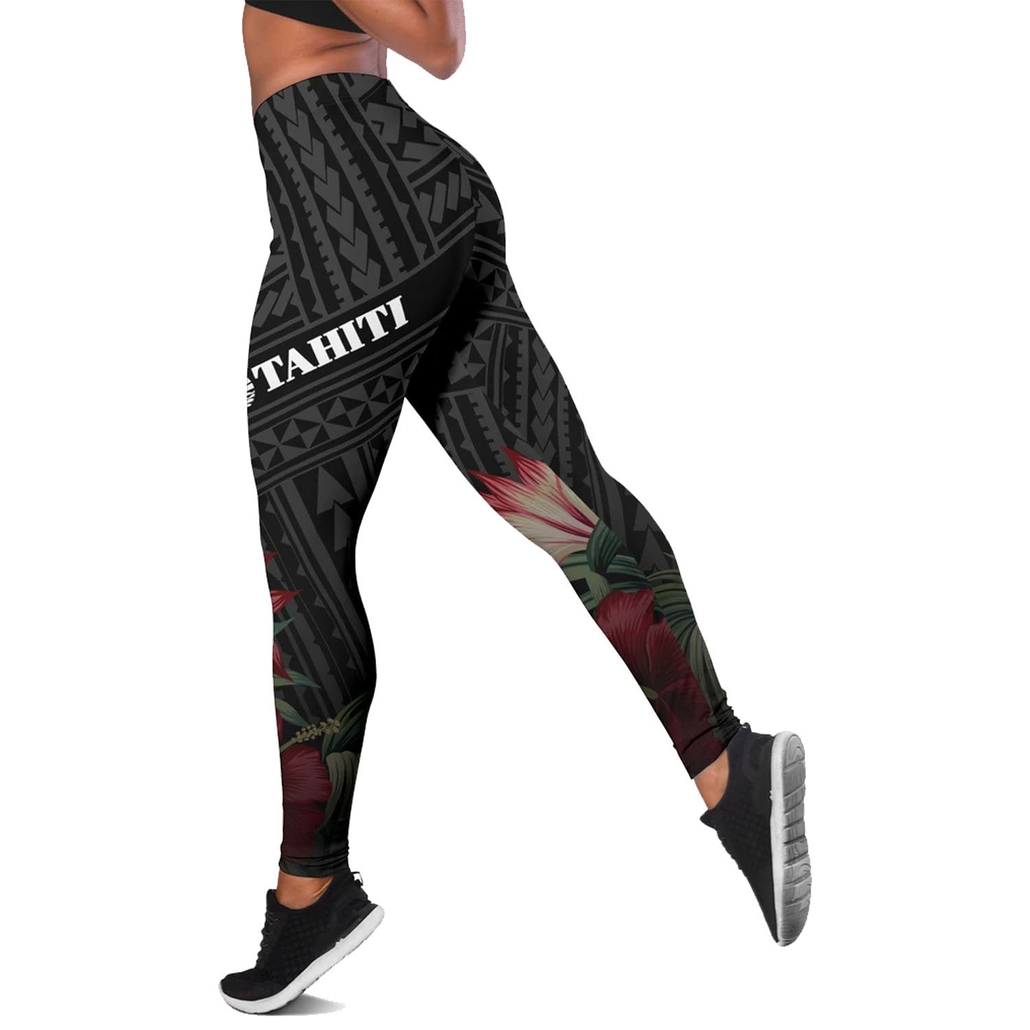 Tahiti Polynesian Women's Legging - Tropical Vintage Hibiscus Black - Polynesian Pride