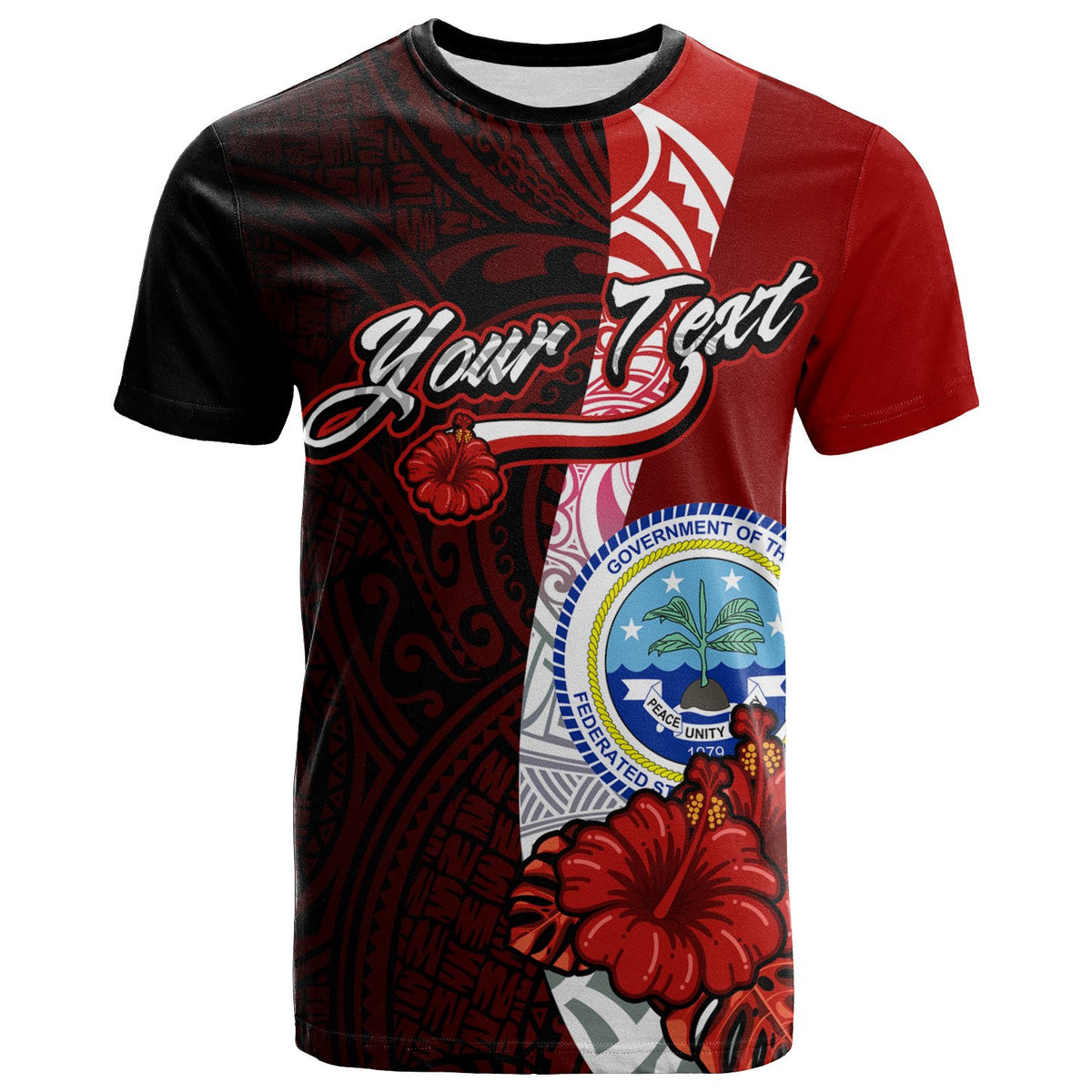 Federated States of Micronesia Custom T Shirt Coat of Arm With Hibiscus Unisex Red - Polynesian Pride