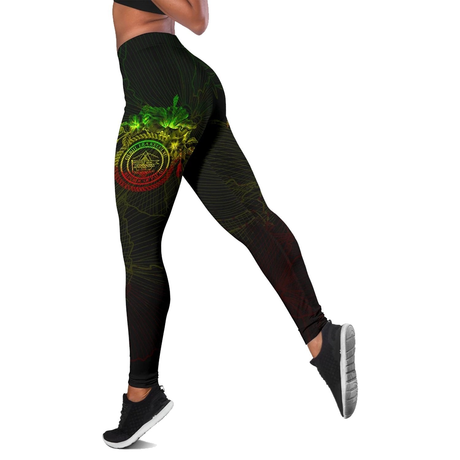 Palau Polynesian Women's Legging - Reggae Turtle Hibiscus Flower Frame Vintage Black - Polynesian Pride