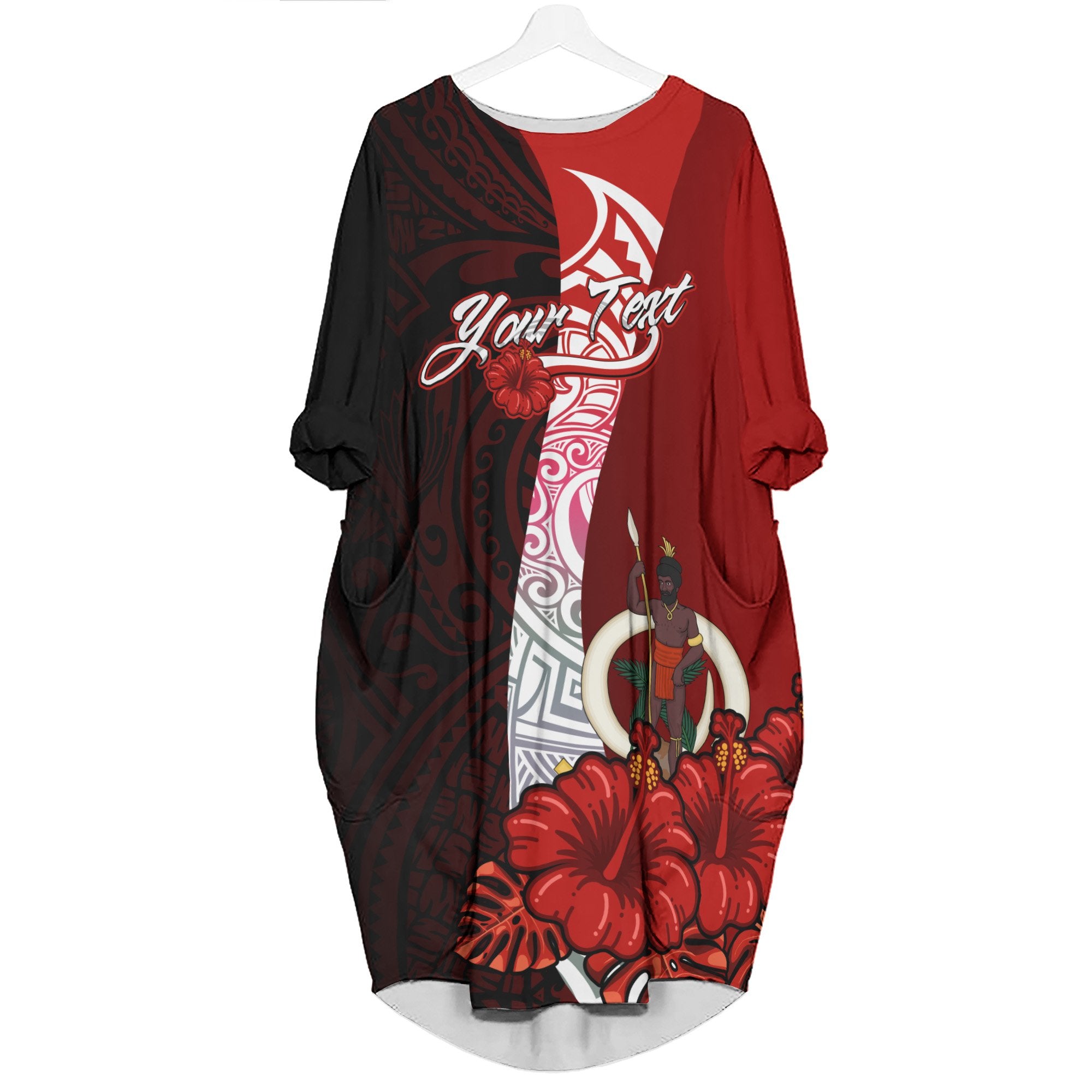 Vanuatu Polynesian Custom Personalised Batwing Pocket Dress - Hibiscus With Coat Of Arm Women Black - Polynesian Pride