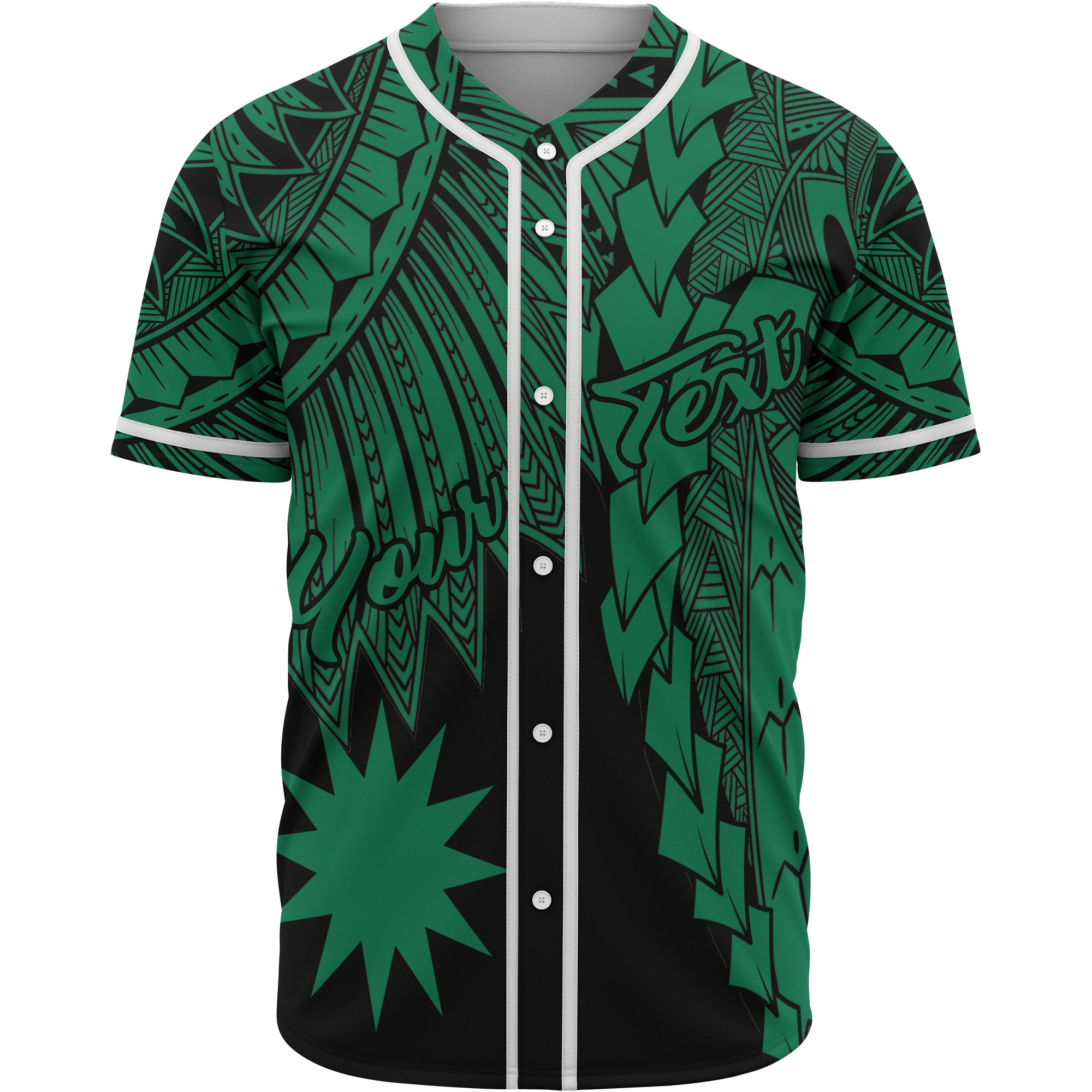 Nauru Polynesian Custom Personalised Baseball Shirt - Tribal Wave Tattoo Green Unisex Green - Polynesian Pride