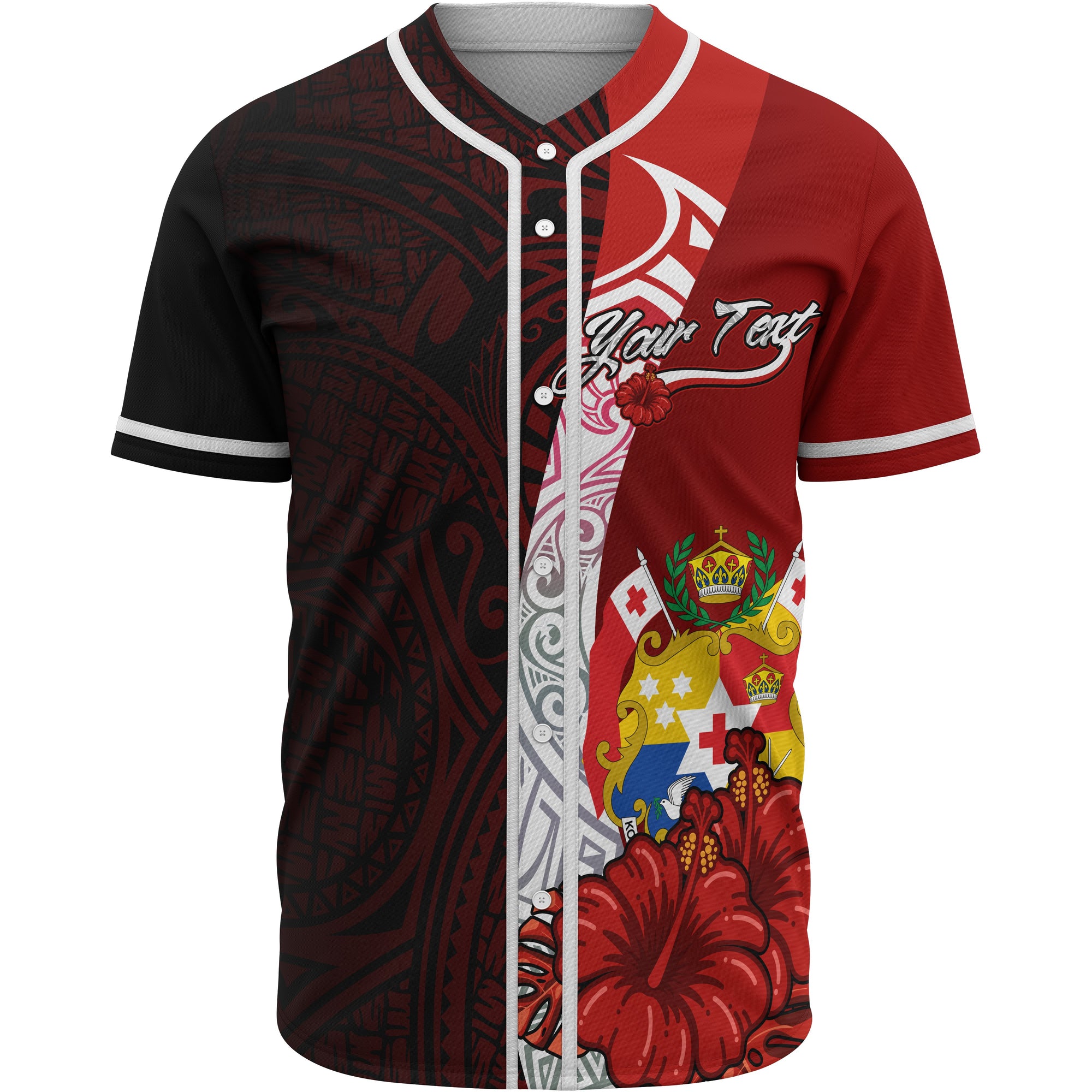 Tonga Polynesian Custom Personalised Baseball Shirt - Coat Of Arm With Hibiscus Unisex Red - Polynesian Pride