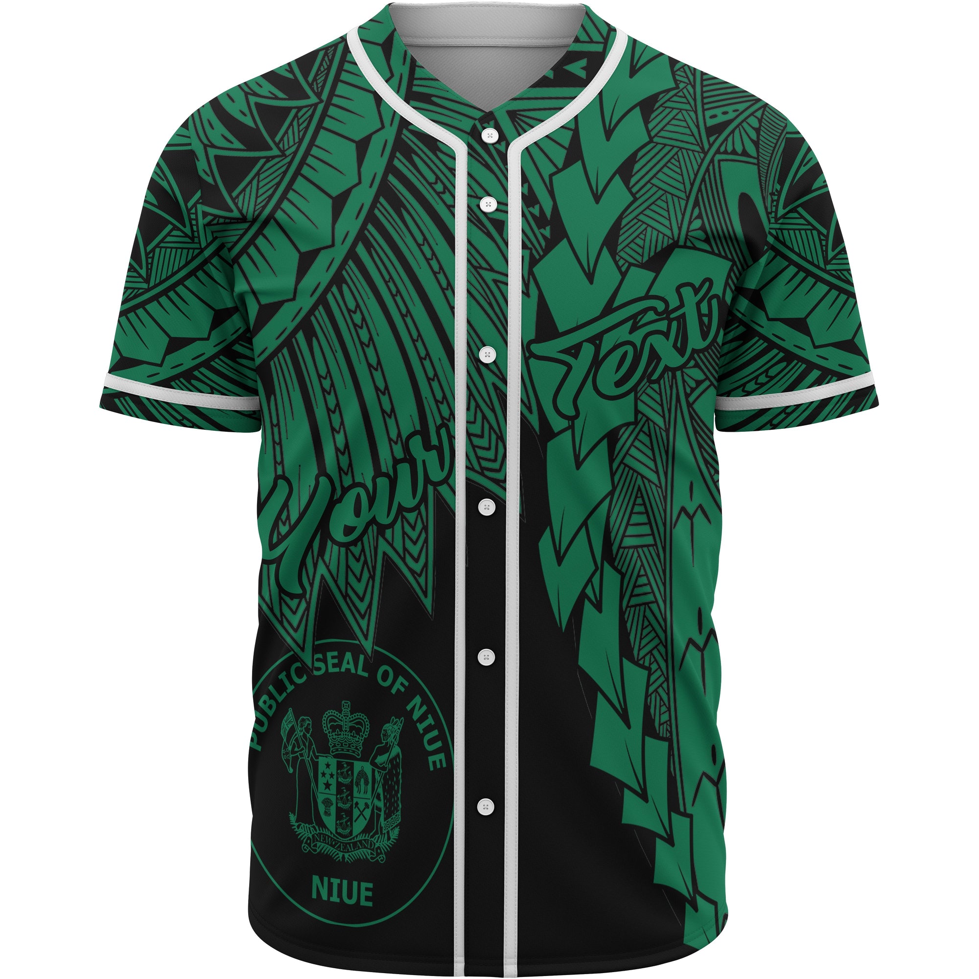 Niue Polynesian Custom Personalised Baseball Shirt - Tribal Wave Tattoo Green Unisex Green - Polynesian Pride