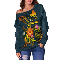 Papua New Guinea Polynesian Personalised Women's Off Shoulder Sweater - Legend of Papua New Guinea (Blue) - Polynesian Pride