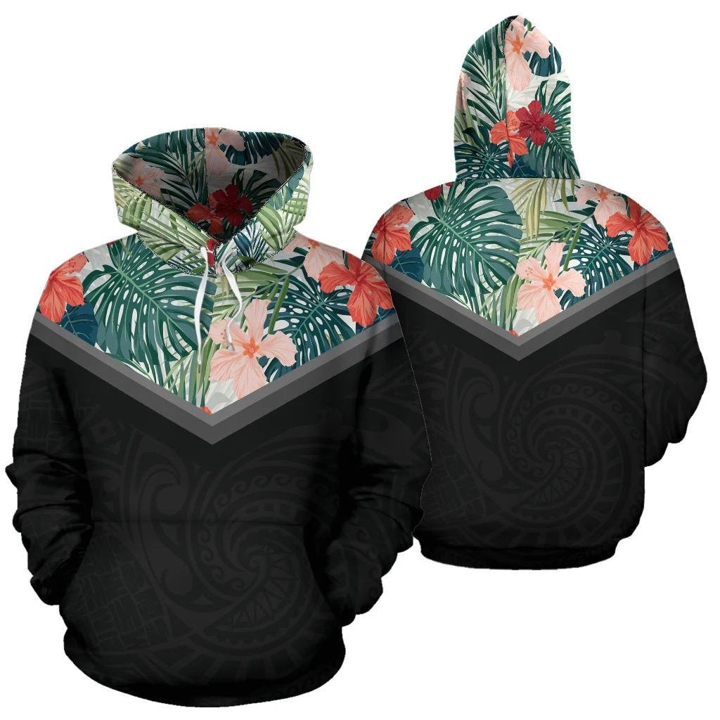 Hawaii Hibiscus Palm Hoodie Unisex Black - Polynesian Pride