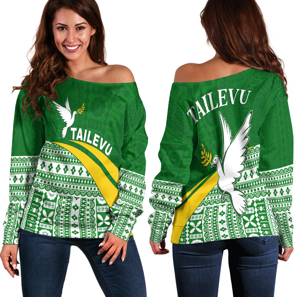 Tailevu Rugby Off Shoulder Sweater Fiji Rugby Tapa Pattern Green LT13 Women Green - Polynesian Pride