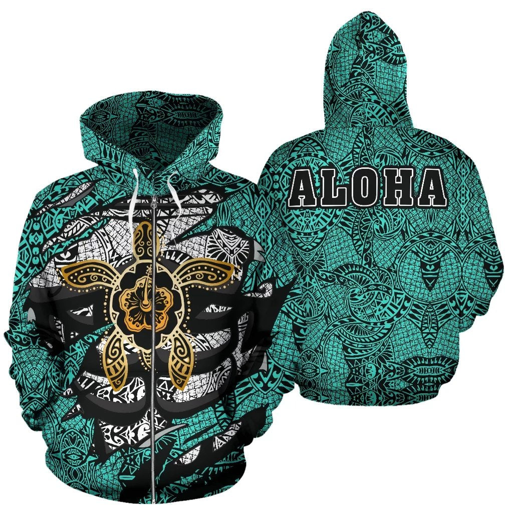 Hibiscus Polynesian Turquoise Hawaii Turtle Hoodie (Zip) Unisex Turquoise - Polynesian Pride