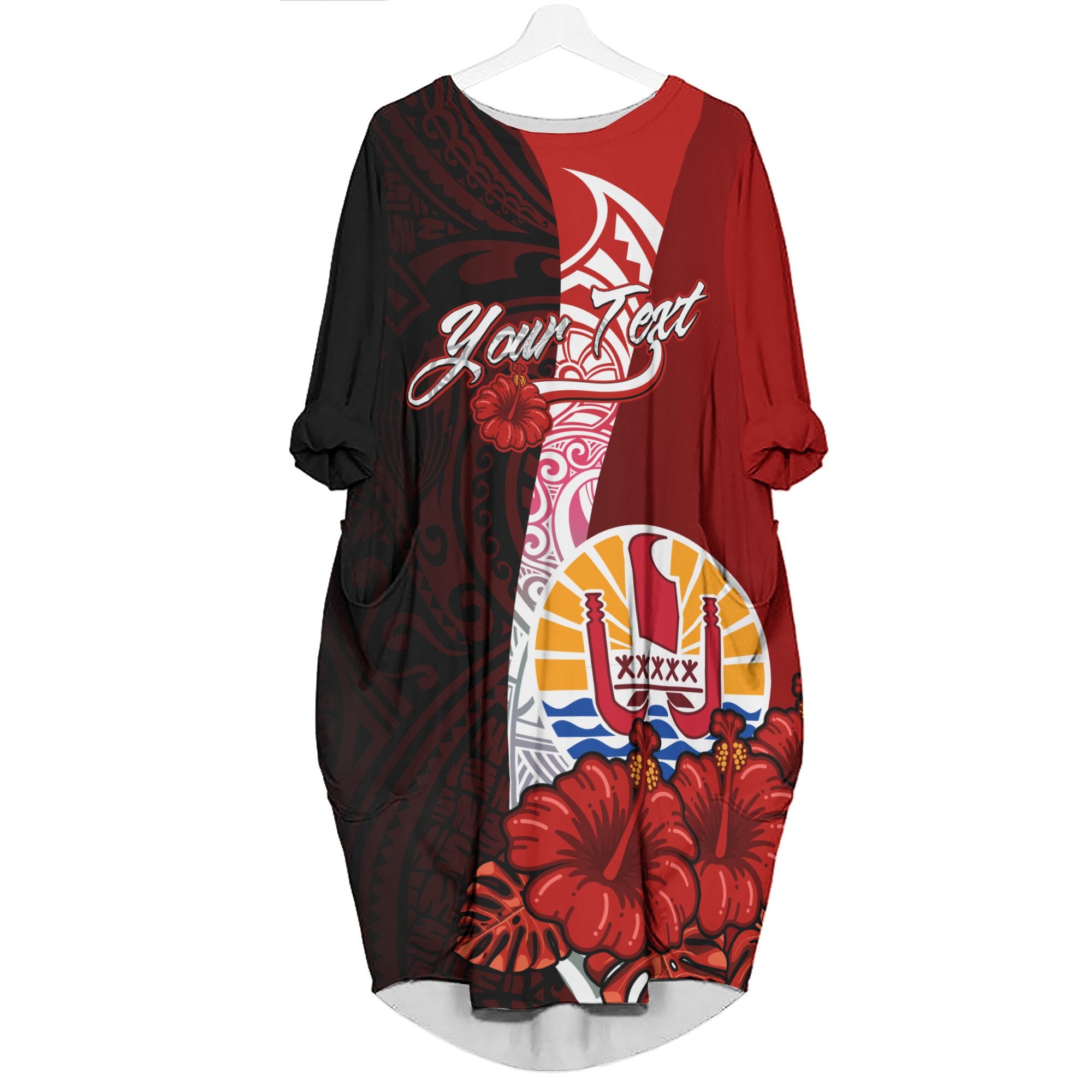 Tahiti Polynesian Custom Personalised Batwing Pocket Dress - Hibiscus With Coat Of Arm Women Red - Polynesian Pride