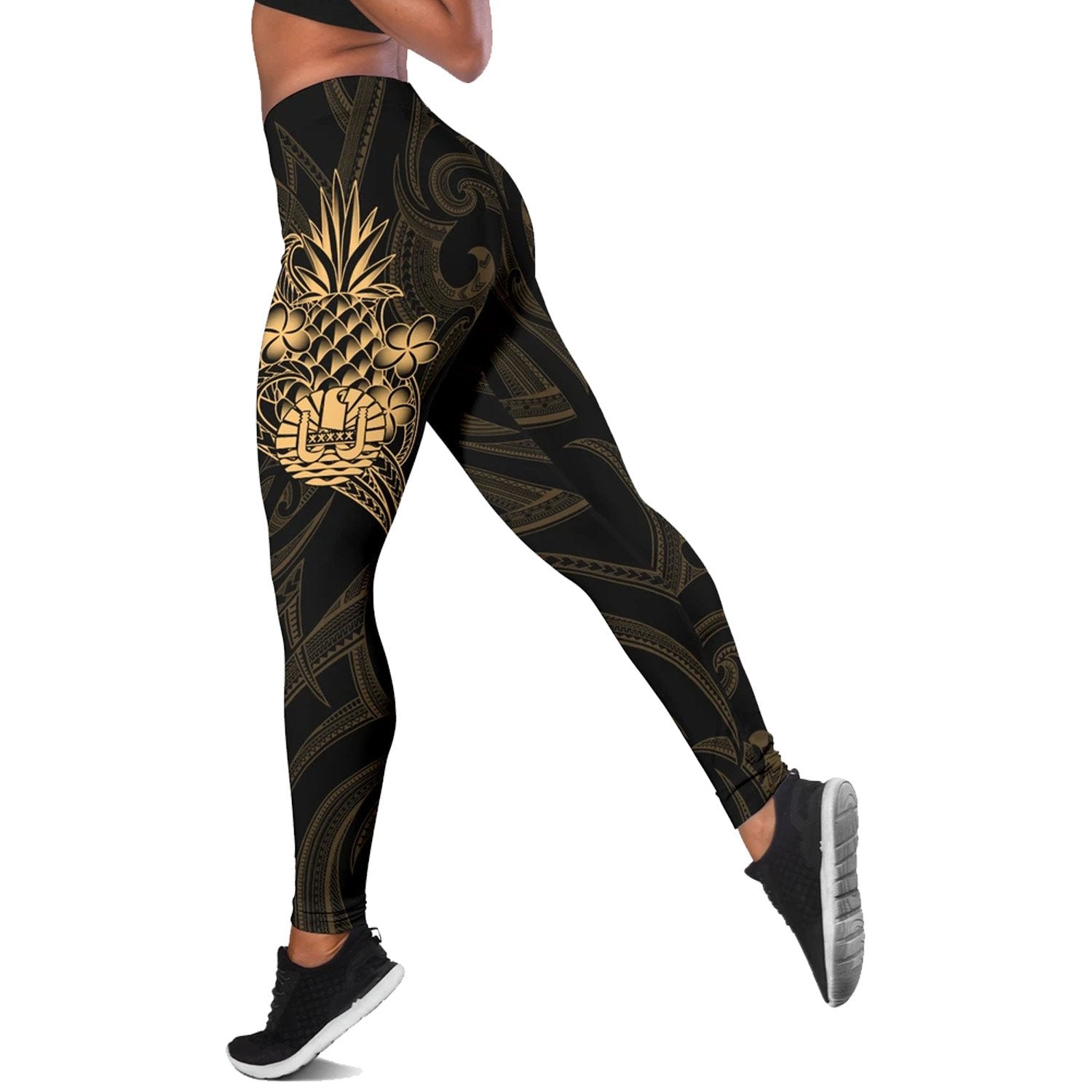 Tahiti Polynesian Women's Leggings - Gold Pineapple Black - Polynesian Pride