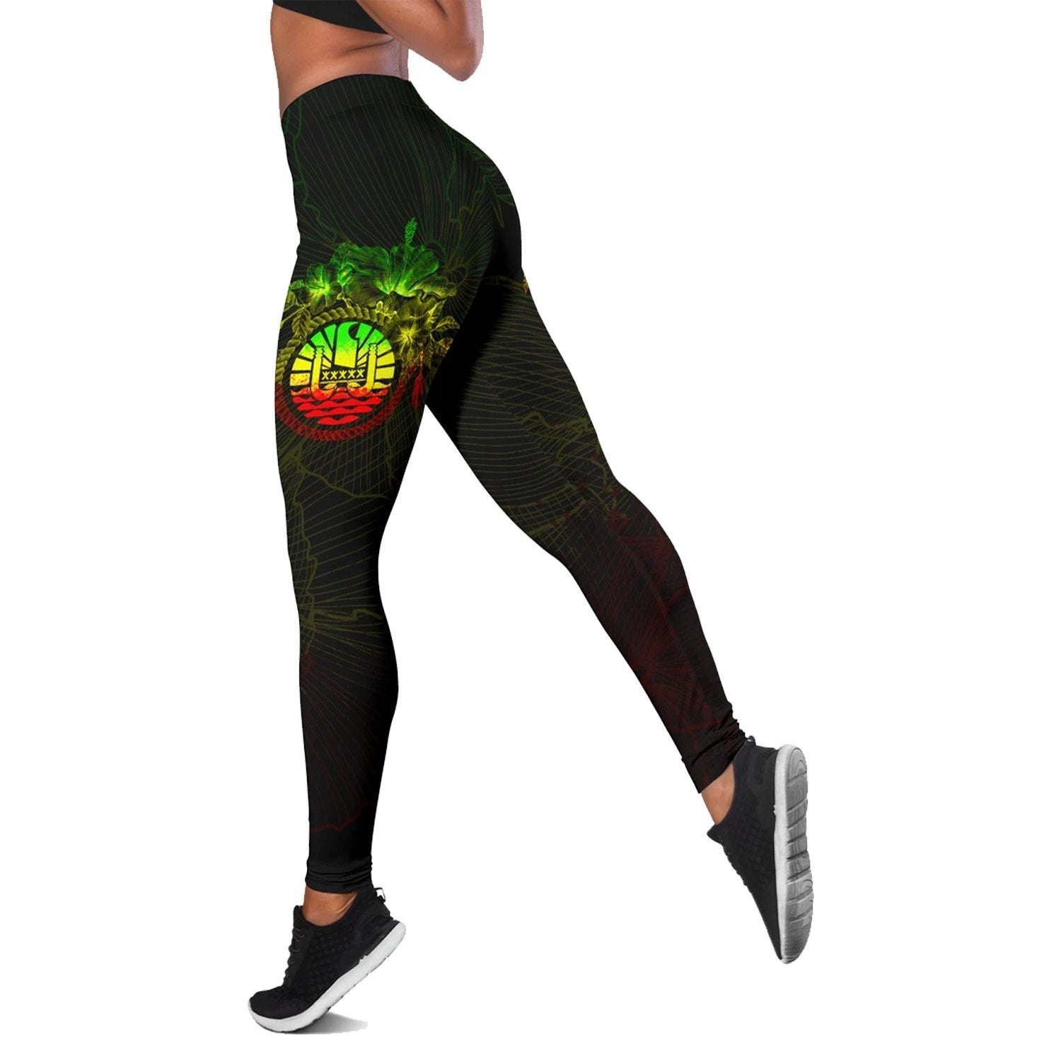 Tahiti Polynesian Women's Legging - Reggae Turtle Hibiscus Flower Frame Vintage Black - Polynesian Pride