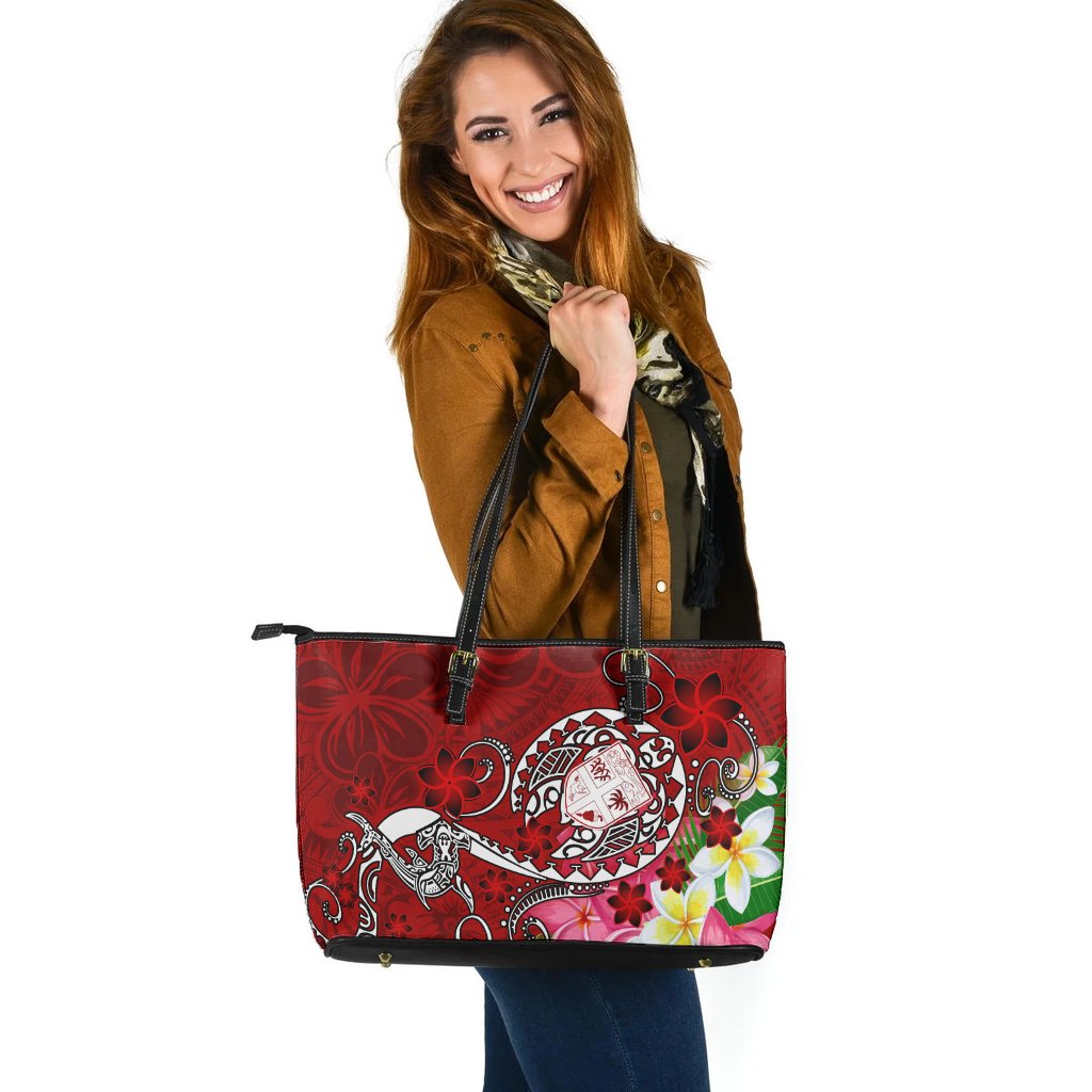 Fiji Large Leather Tote - Turtle Plumeria (Red) Red - Polynesian Pride