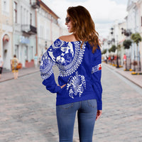 Tonga Women Off Shoulder Sweater Tongan Blue Turtle - LT12 - Polynesian Pride