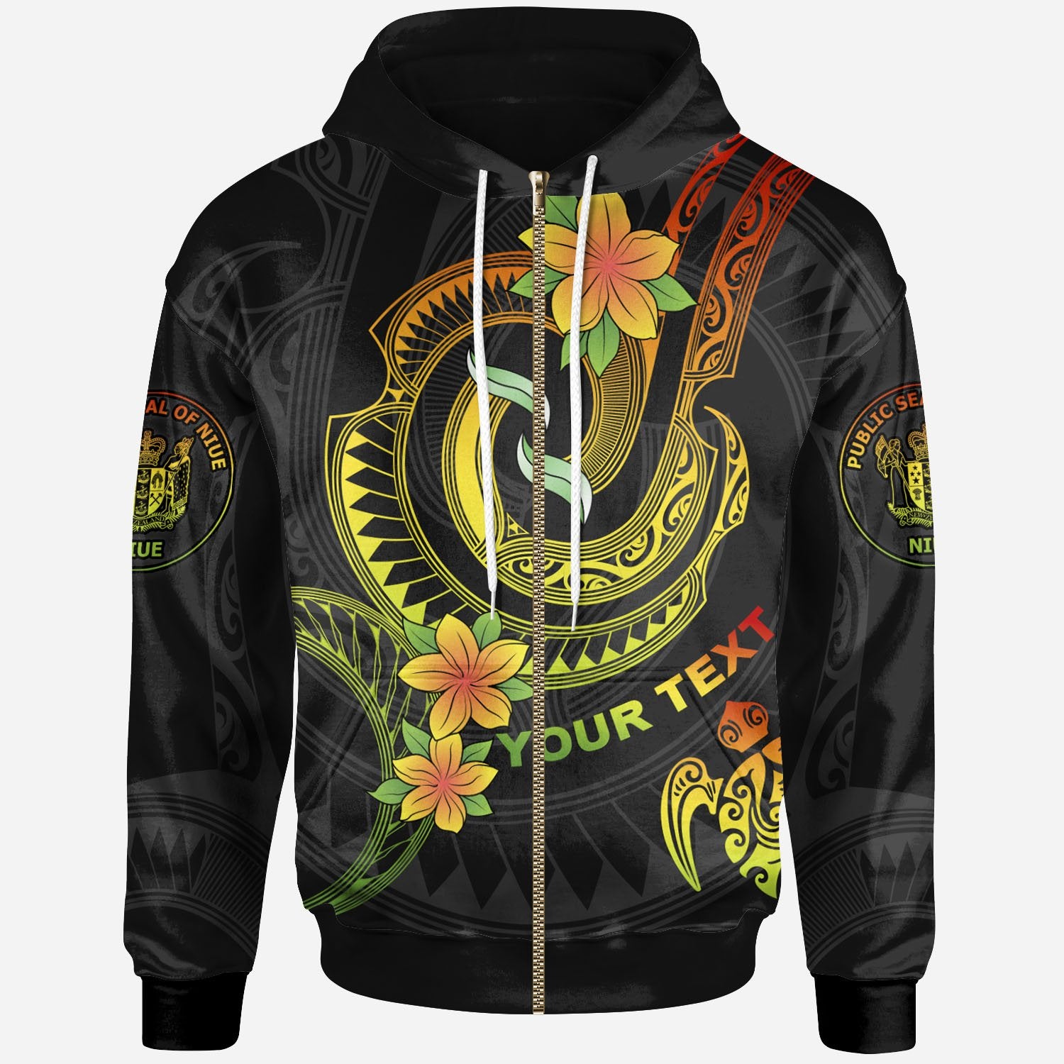 Niue Custom Zip up Hoodie Reggae Plumeria Flowers with Spiral Patterns Unisex Reggae - Polynesian Pride