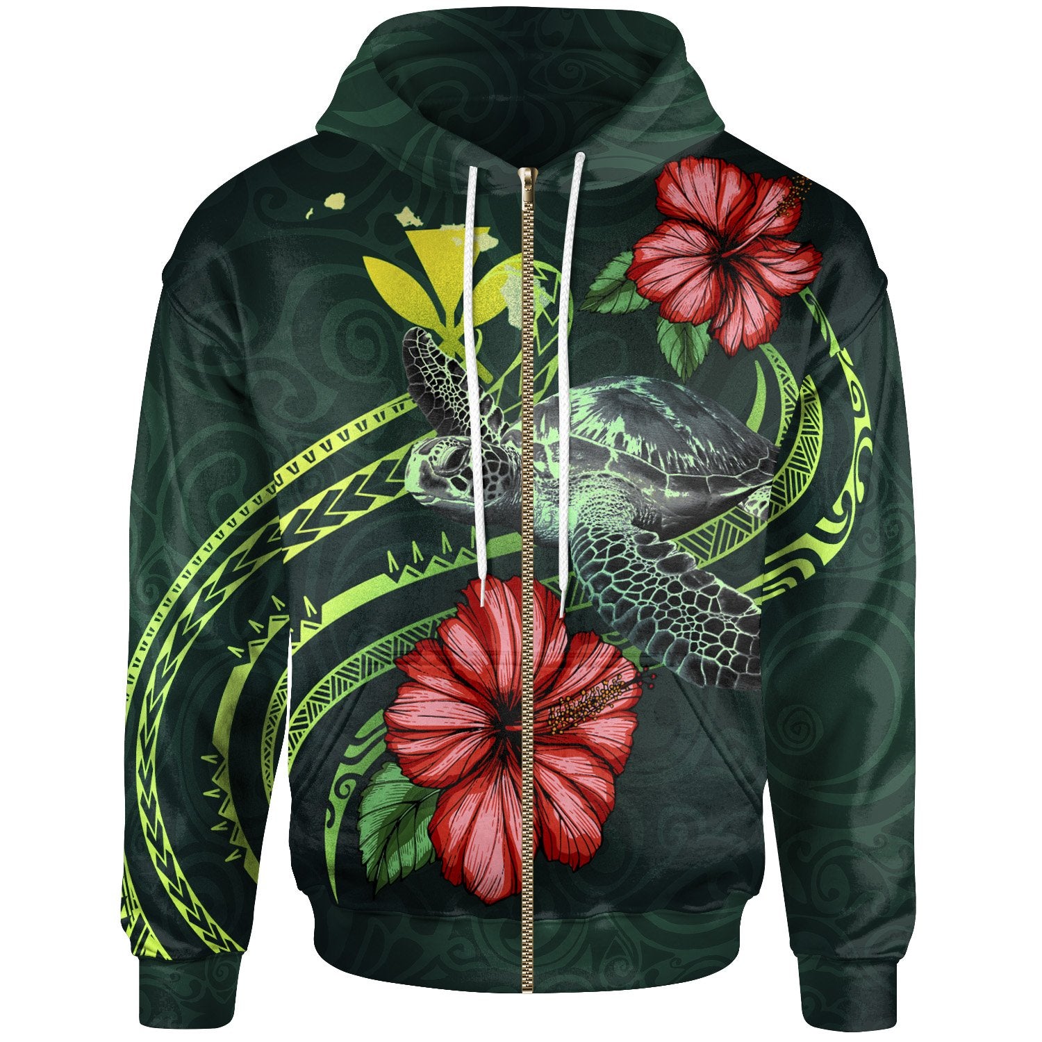 Hawaii Polynesian Zip up Hoodie Green Turtle Hibiscus Unisex Green - Polynesian Pride