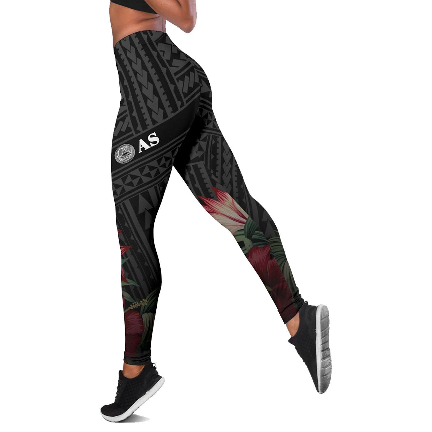 American Samoa Polynesian Women's Legging - Tropical Vintage Hibiscus Black - Polynesian Pride