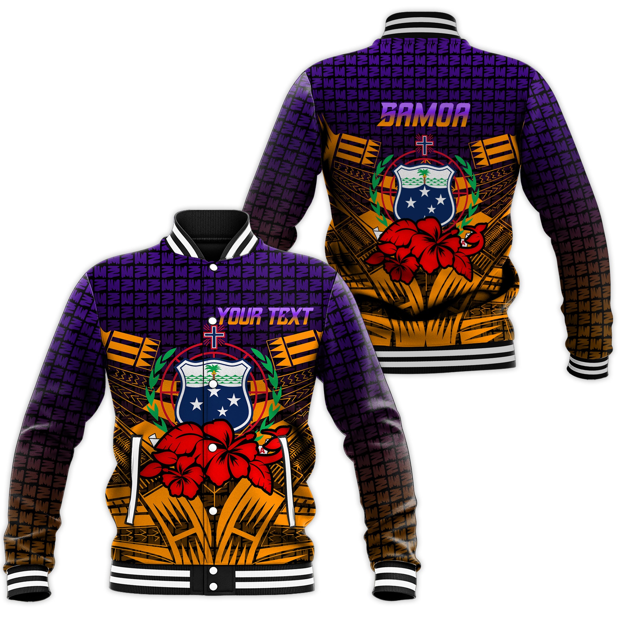 (Custom Personalised) Samoa Baseball Jacket - Hibiscus With Tribal - LT12 Unisex Orange - Polynesian Pride