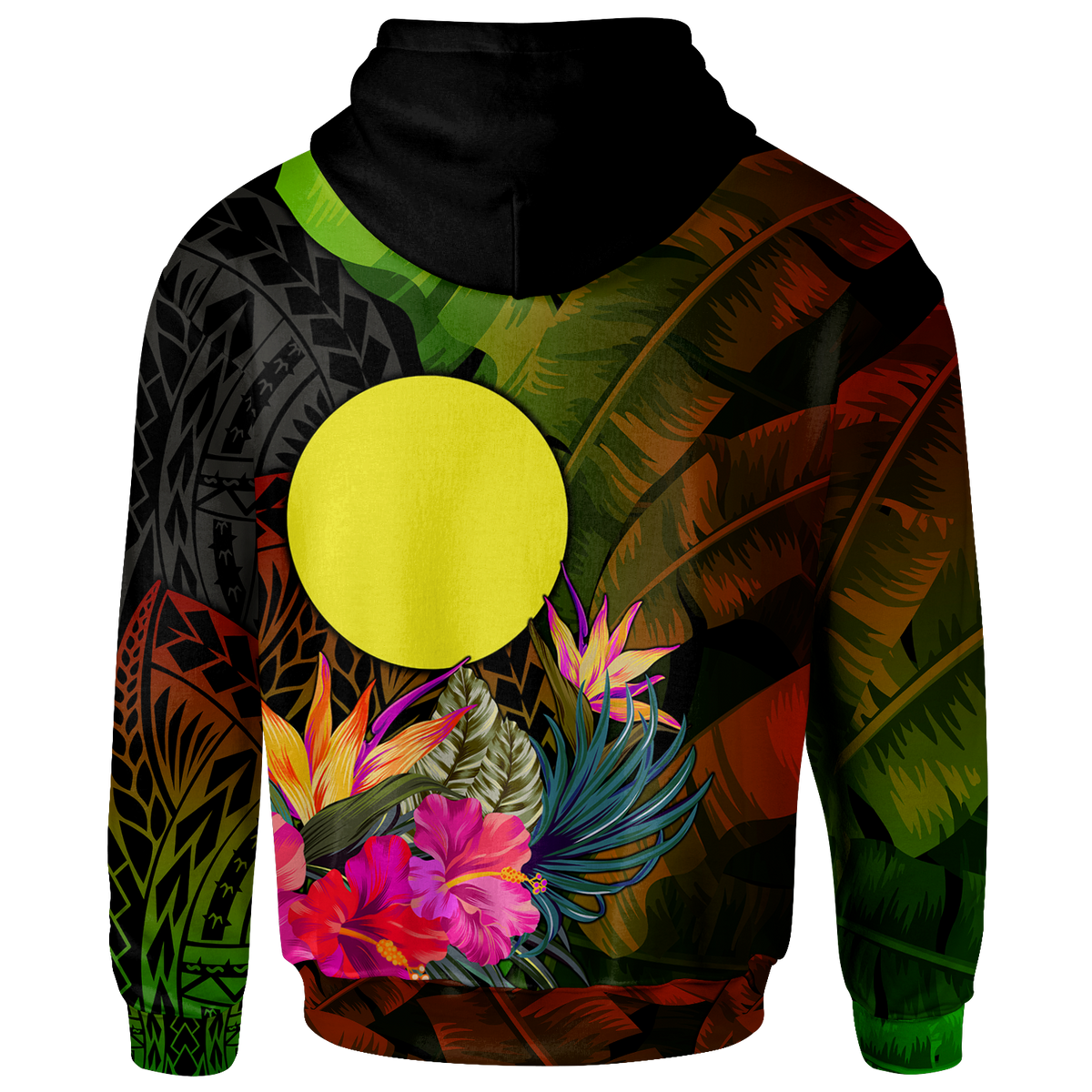 Palau Polynesian Hoodie Hibiscus and Banana Leaves - Polynesian Pride