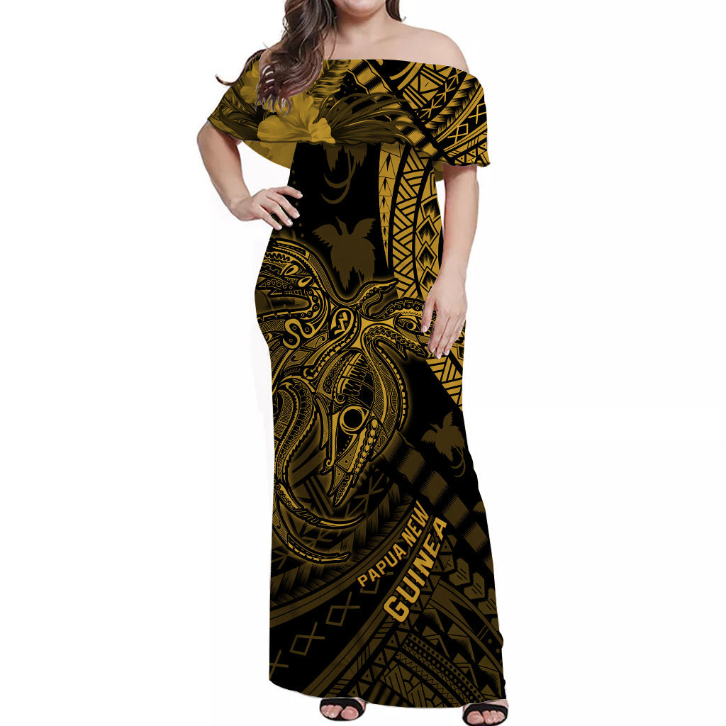 (Custom Personalised) Papua New Guinea Off Shoulder Long Dress Raggiana Birds Of Paradise Gold LT13 Women Gold - Polynesian Pride