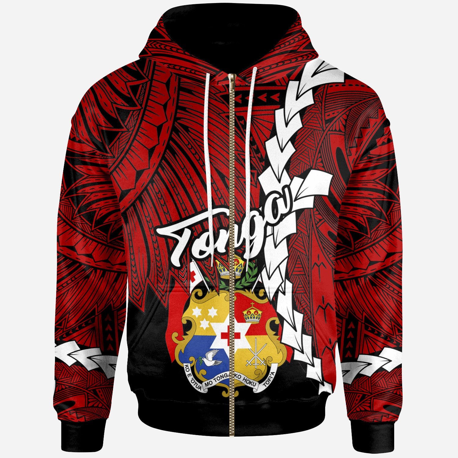 Tonga Polynesian Zip up Hoodie Tribal Wave Tattoo Flag Color Unisex Red - Polynesian Pride