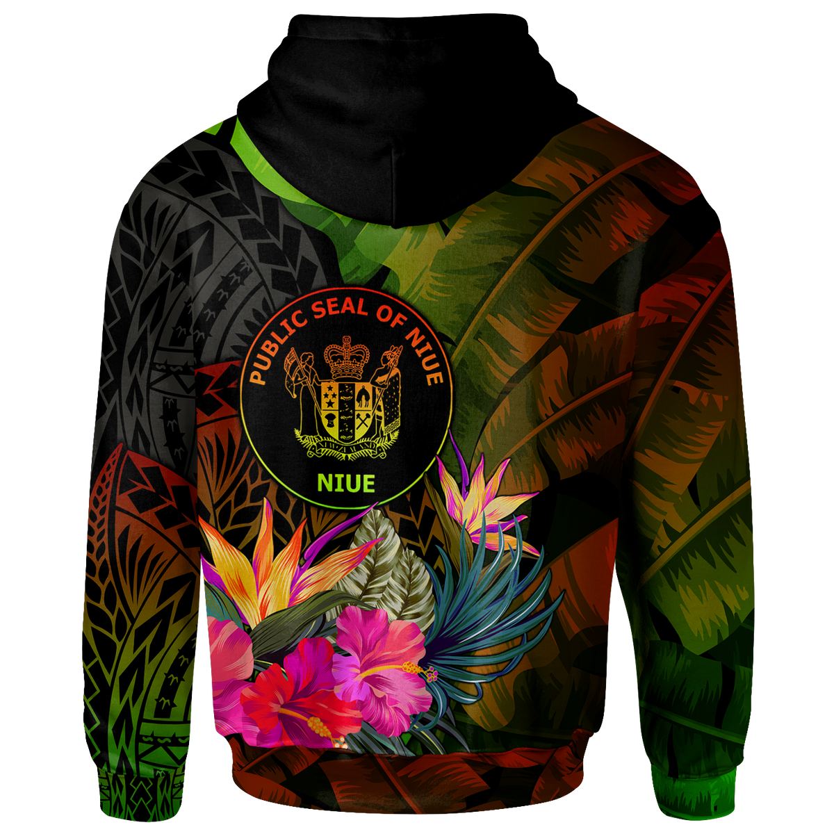 Niue Polynesian Hoodie Hibiscus and Banana Leaves - Polynesian Pride