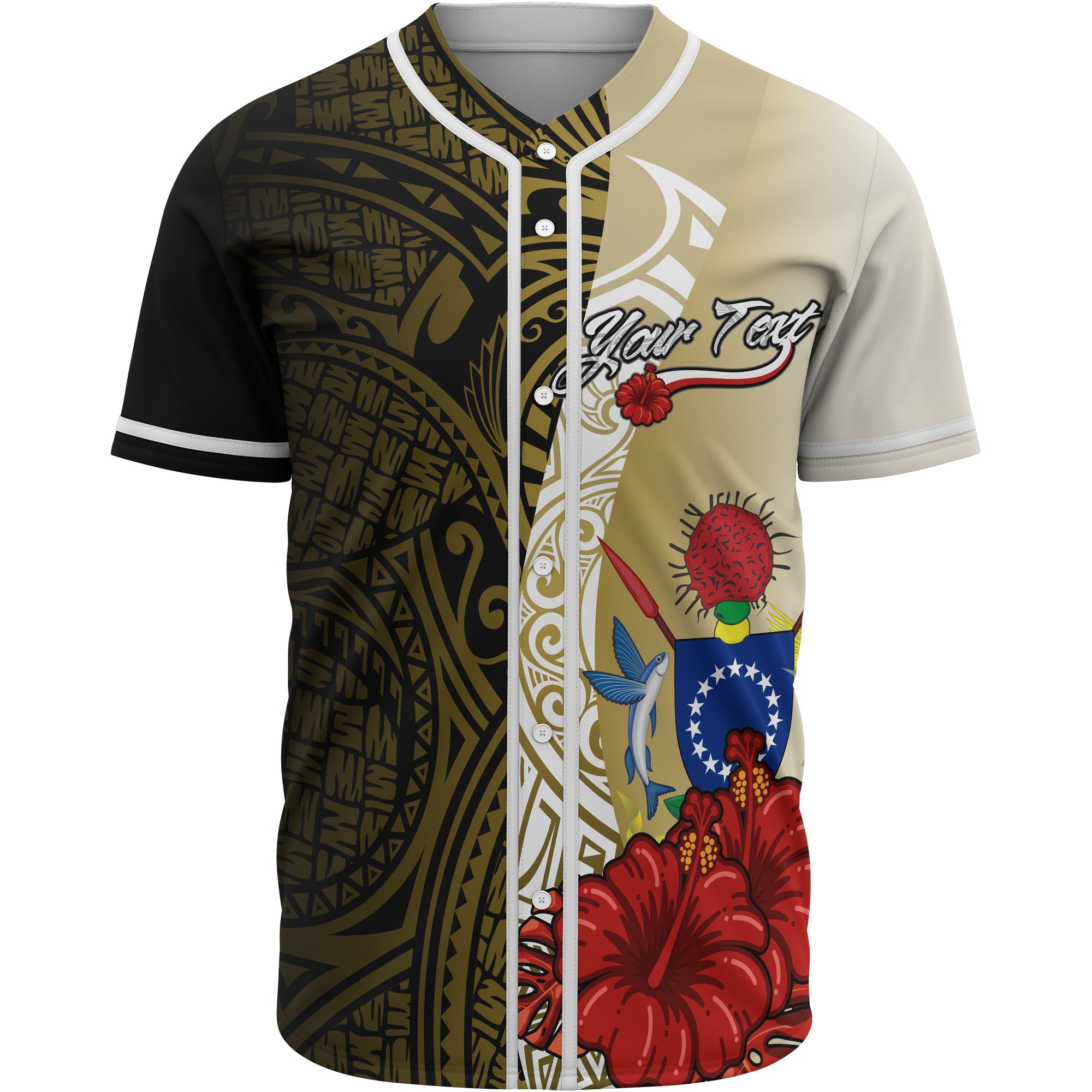 Cook Islands Polynesian Custom Personalised Baseball Shirt - Coat Of Arm With Hibiscus Gold Unisex Gold - Polynesian Pride