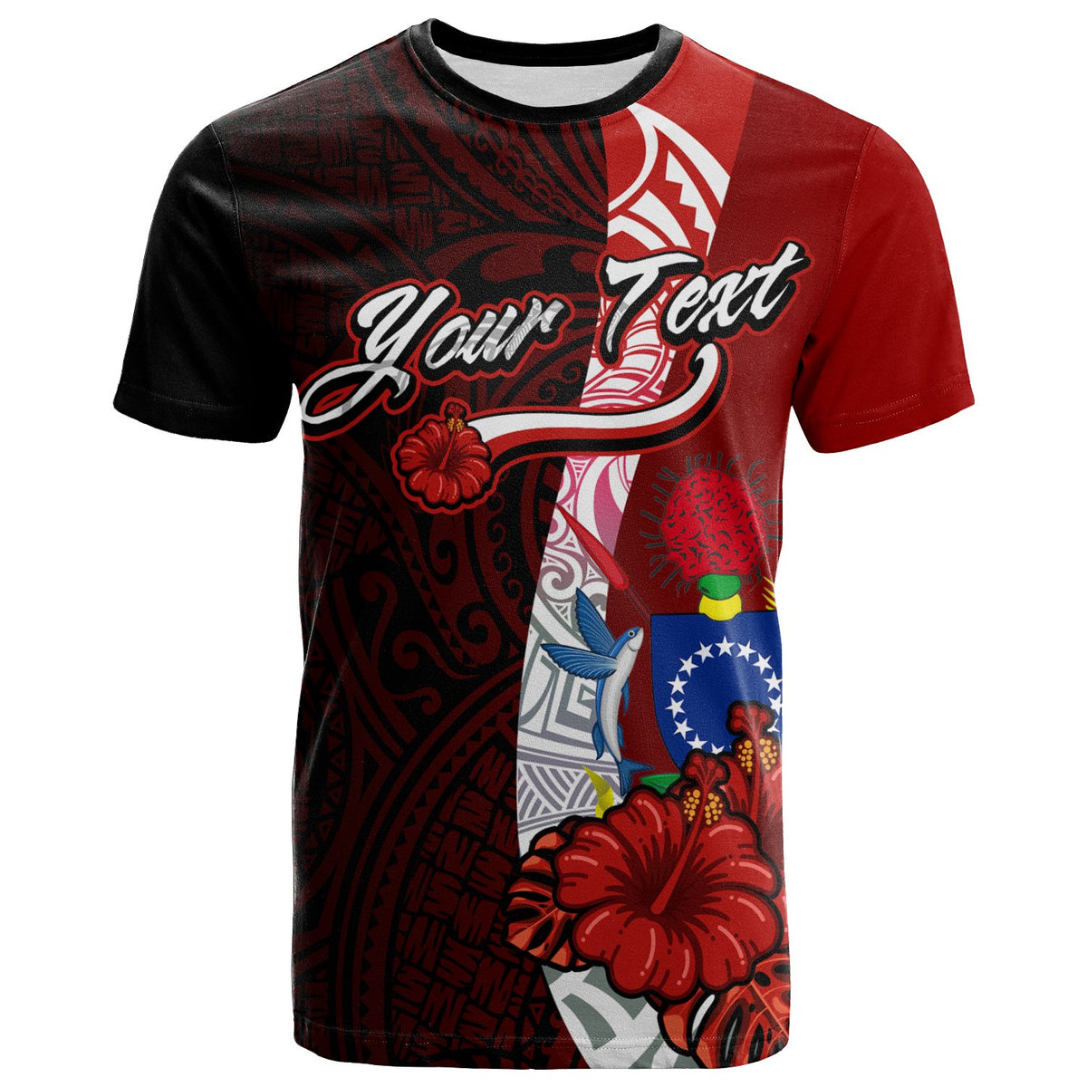 Cook Islands Polynesian Custom T Shirt Coat of Arm With Hibiscus Unisex Red - Polynesian Pride