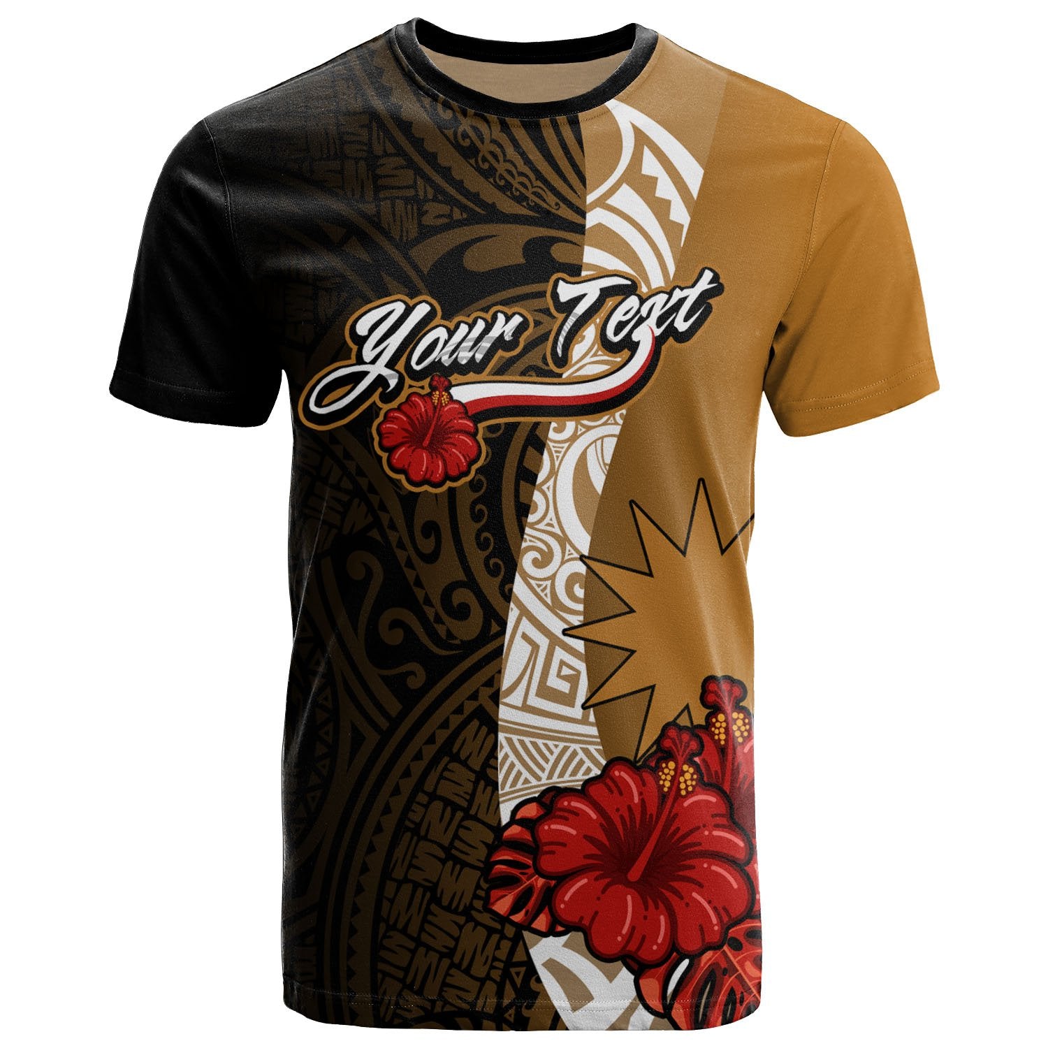 Nauru Polynesian Custom T Shirt Coat Of Arms With Hibiscus Gold Unisex Art - Polynesian Pride