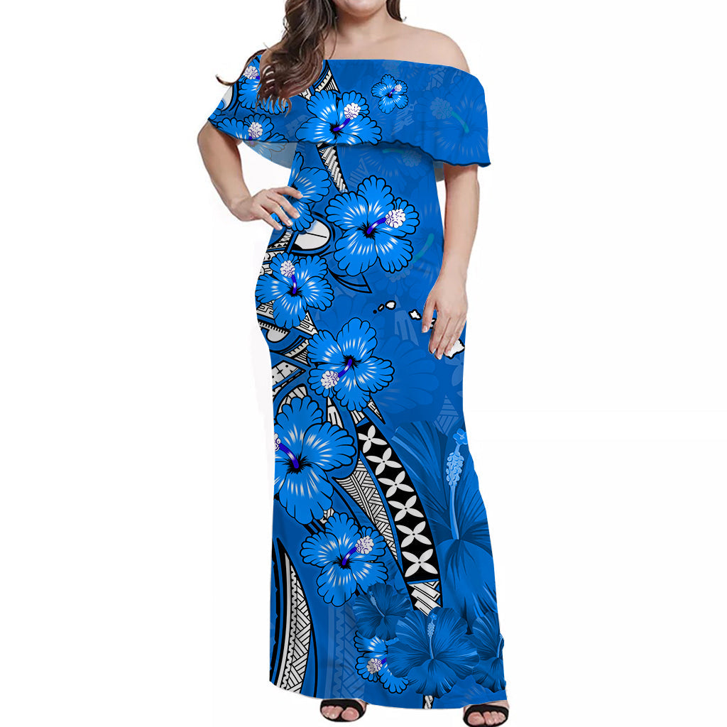 (Custom Personalised) Hawaii Off Shoulder Long Dress Polynesia Blue Hibiscus and Map Mystical LT13 Women Blue - Polynesian Pride