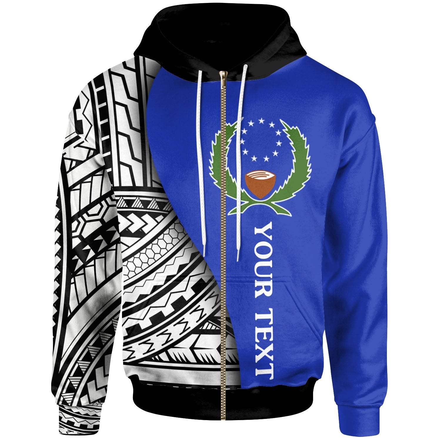 Pohnpei Custom Zip up Hoodie Coat of Arm and Polynesian Patterns Unisex Blue - Polynesian Pride