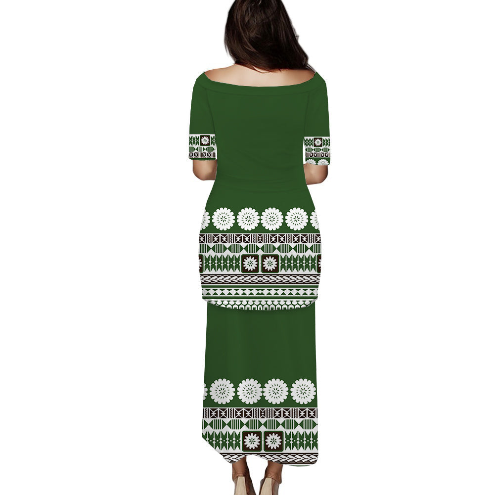 Fiji Bula Dress Tapa Green Puletasi Dress LT14 - Polynesian Pride