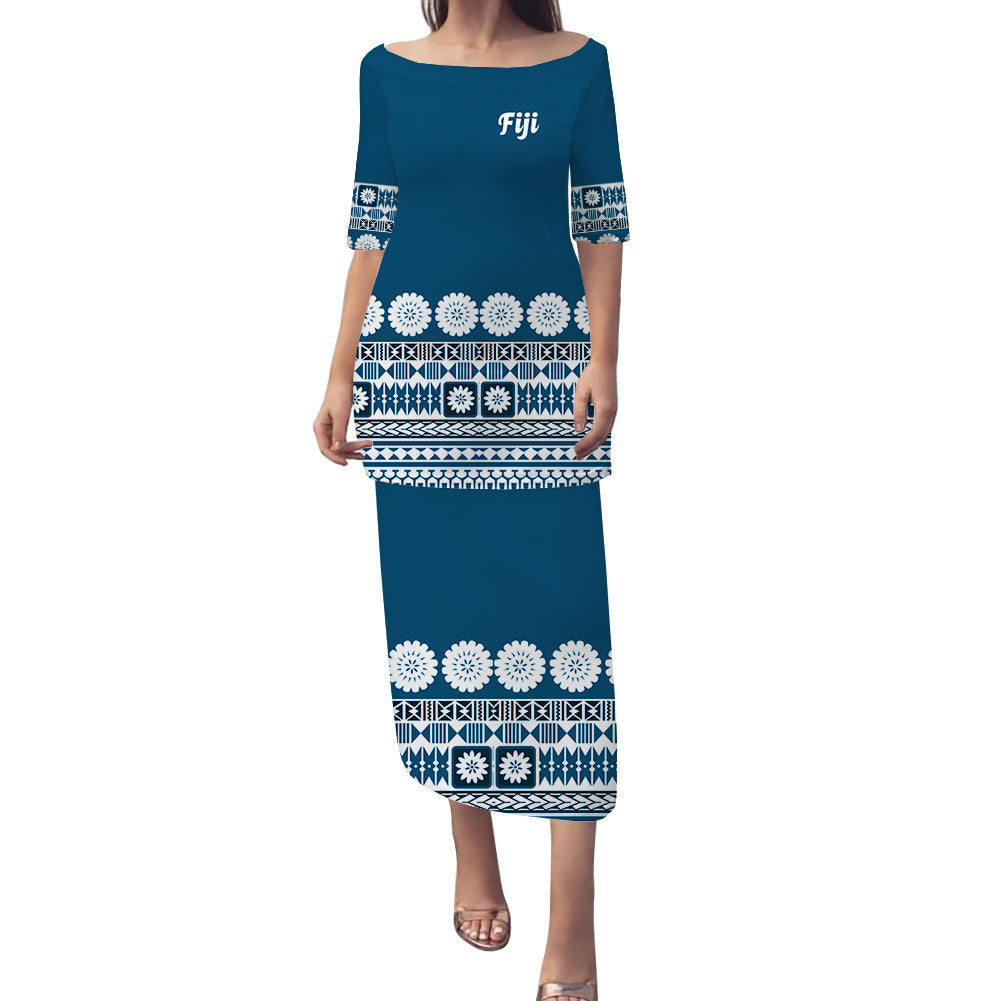 Fiji Bula Dress Tapa Blue Puletasi Dress LT14 Blue - Polynesian Pride